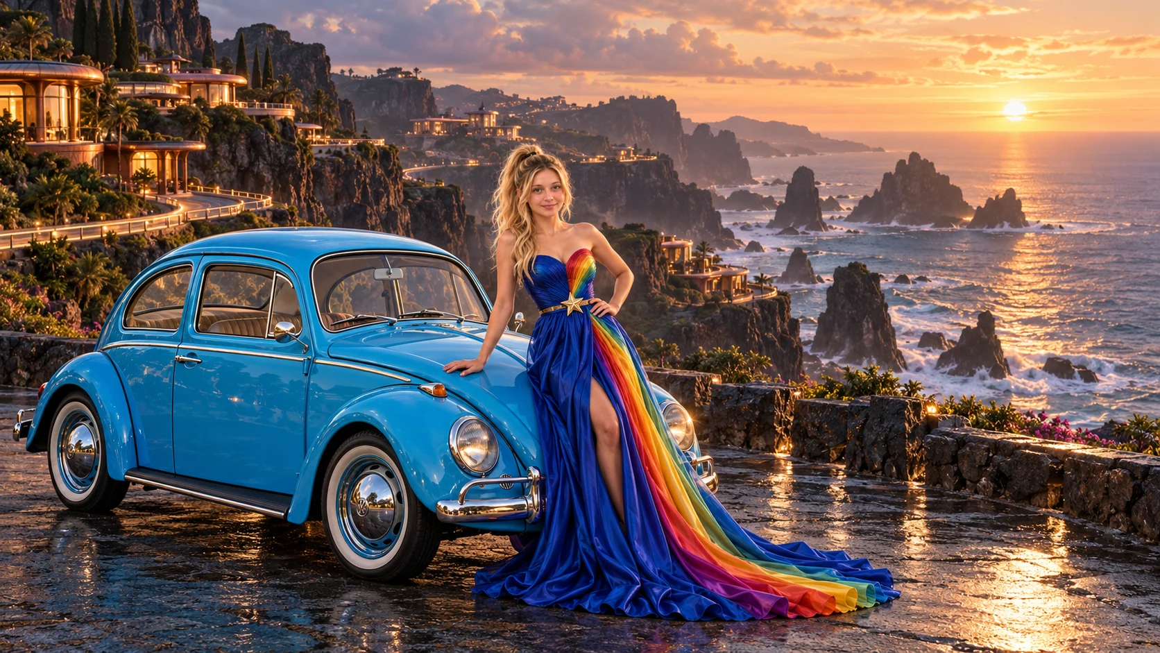 Kristin as Rainbow Brite wears a floor-length royal-blue silk gown with sculptural rainbow pleats and a flowing train, gold star belt beside a electric cyan 1963 Volkswagen Beetle on Panteris, in The Tidal Expanse.