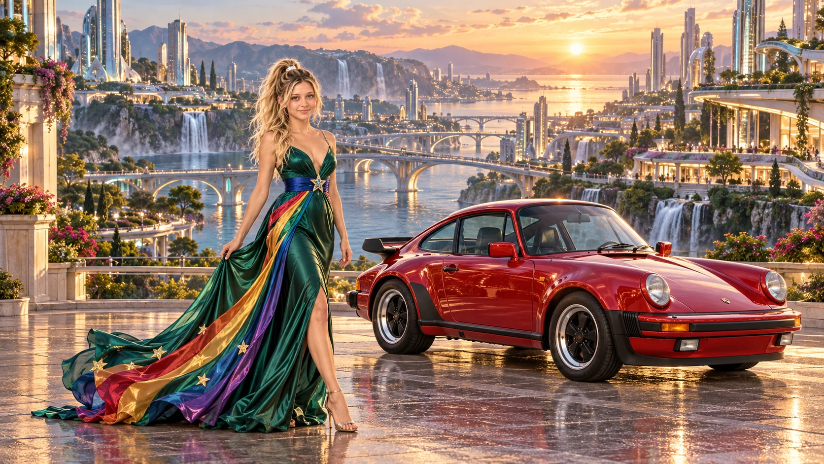 Kristin as Rainbow Brite wears a emerald silk evening dress with rainbow ribbon appliqué, a royal-blue waist sash and a jeweled star buckle beside a candy apple red 1986 Porsche 911 Turbo on Hythera, in The Tidal Expanse.
