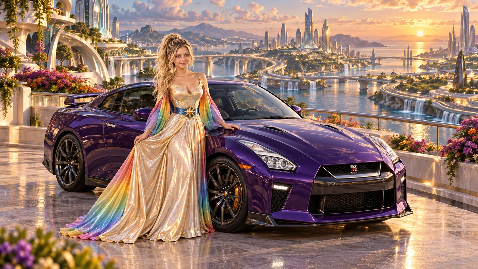 Kristin as Rainbow Brite wears a iridescent champagne satin gown with rainbow pleated sleeves and a sculpted blue-and-gold star belt beside a deep violet 2017 Nissan GT-R on Hythera, in The Tidal Expanse.