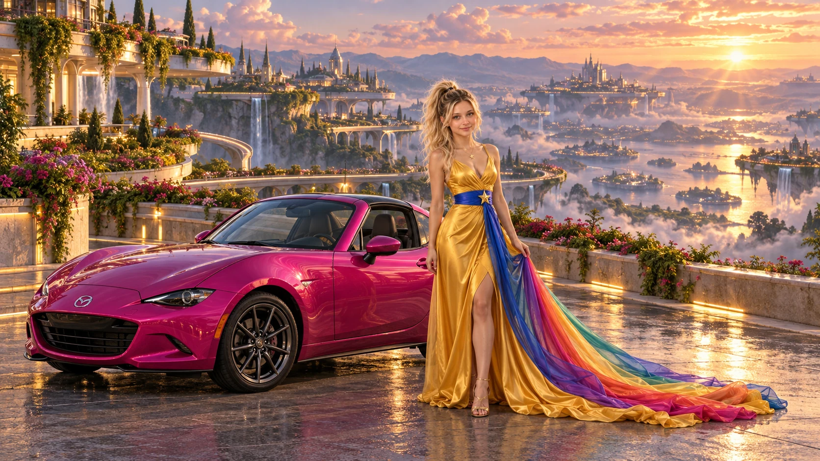Kristin as Rainbow Brite wears a saffron satin evening gown with a royal-blue sash, graceful rainbow ribbon train and gold star pendant beside a fuchsia magenta 2019 Mazda MX-5 RF on Geoluma, in The Tidal Expanse.