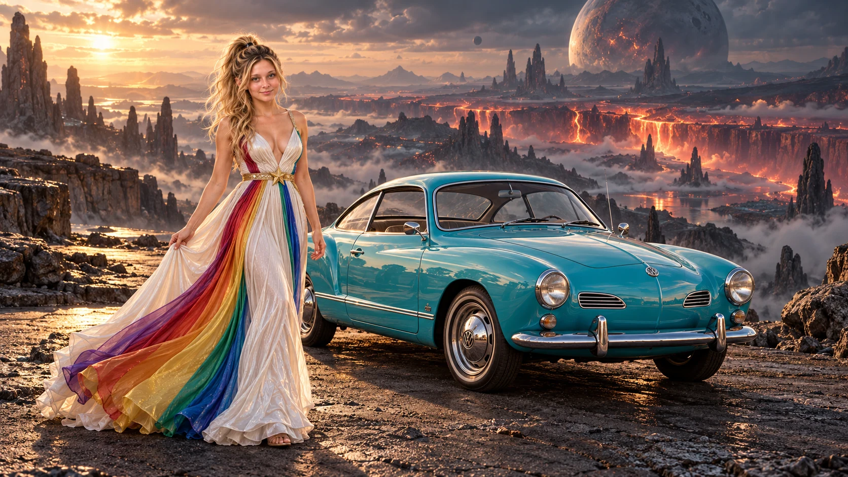Kristin as Rainbow Brite wears a pearl-white pleated evening gown with jewel-tone rainbow panels and a fine gold star belt beside a electric turquoise 1965 Volkswagen Karmann Ghia on The Gloaming, in The Ember Rift.