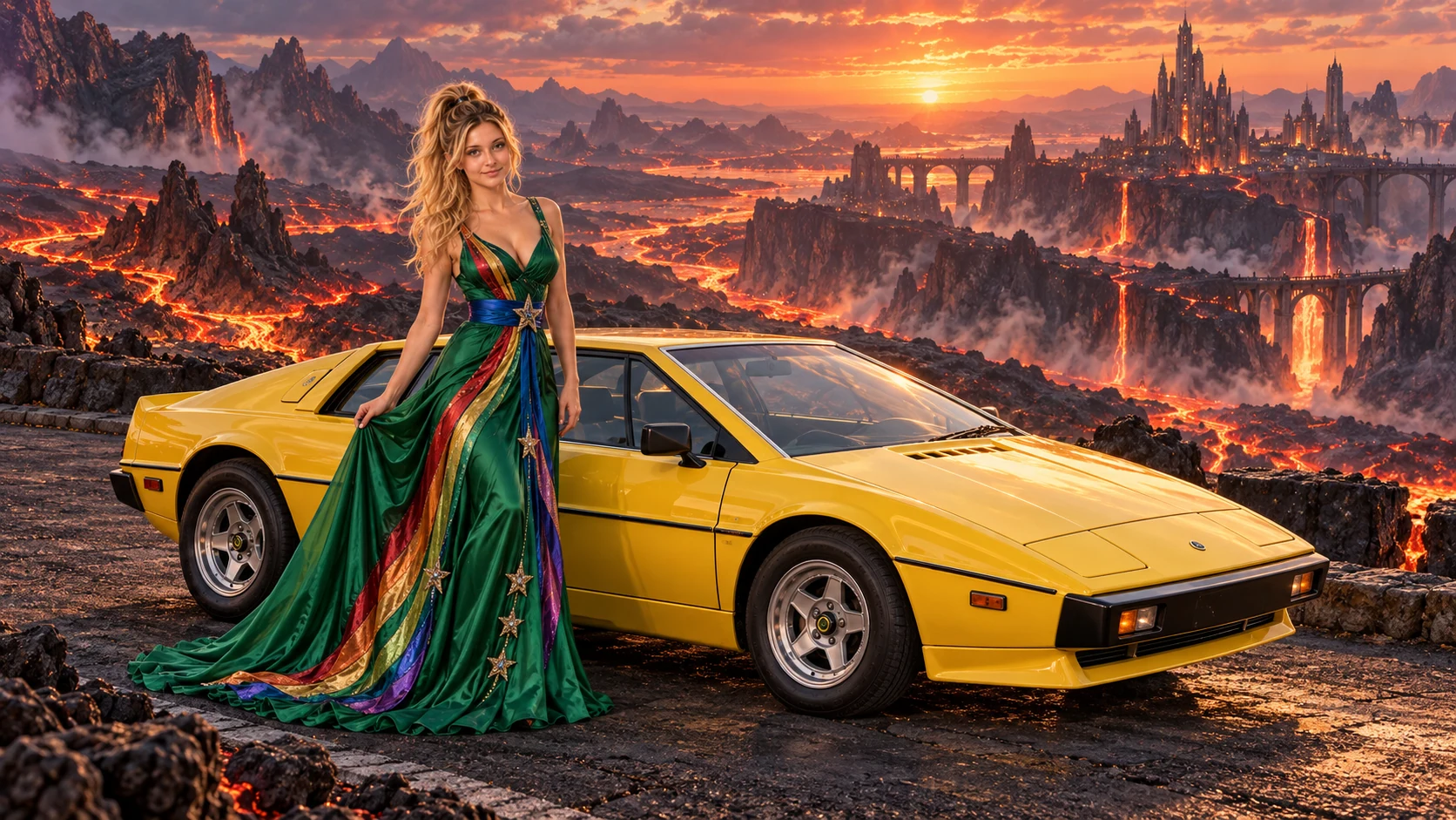 Kristin as Rainbow Brite wears a emerald silk evening dress with rainbow ribbon appliqué, a royal-blue waist sash and a jeweled star buckle beside a sunflower yellow 1976 Lotus Esprit on Cinderwake, in The Ember Rift.
