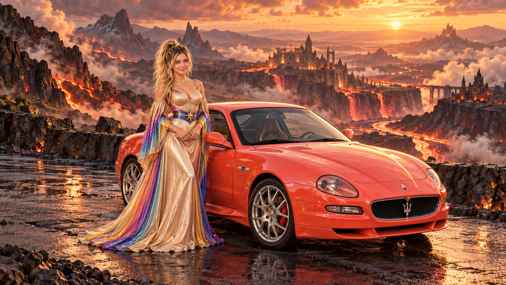Kristin as Rainbow Brite wears a iridescent champagne satin gown with rainbow pleated sleeves and a sculpted blue-and-gold star belt beside a bright coral 2004 Maserati GranSport on Cinderwake, in The Ember Rift.