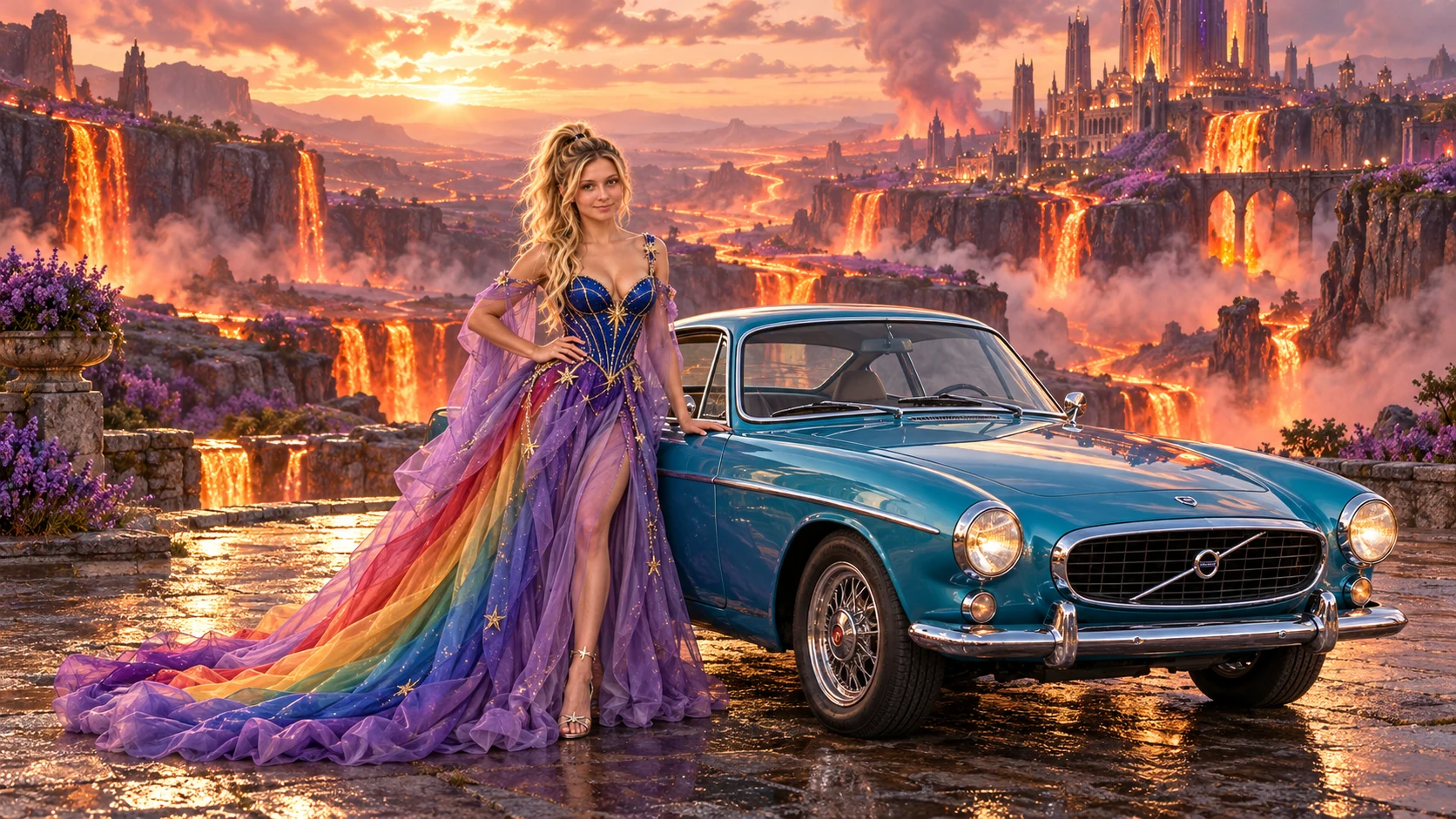 Kristin as Rainbow Brite wears a violet organza couture gown with a structured cobalt bodice, sweeping rainbow train and star jewels beside a electric turquoise 1967 Volvo P1800 on Emberfall, in The Ember Rift.