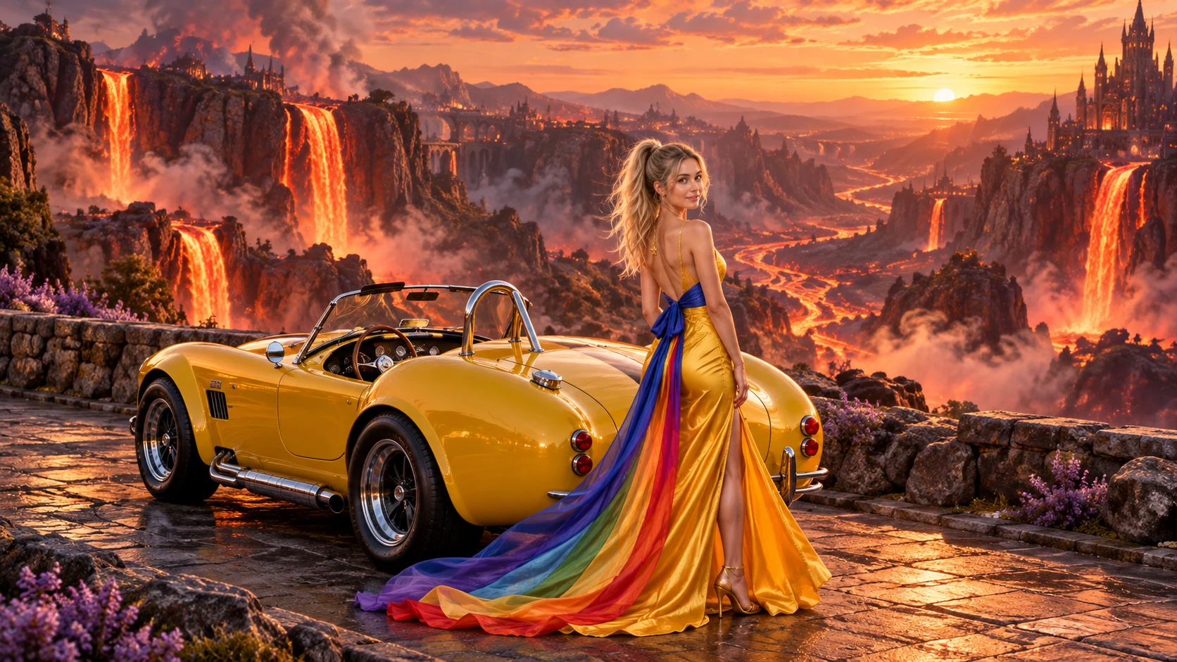 Kristin as Rainbow Brite wears a saffron satin evening gown with a royal-blue sash, graceful rainbow ribbon train and gold star pendant beside a sunflower yellow 1965 Shelby Cobra on Emberfall, in The Ember Rift.
