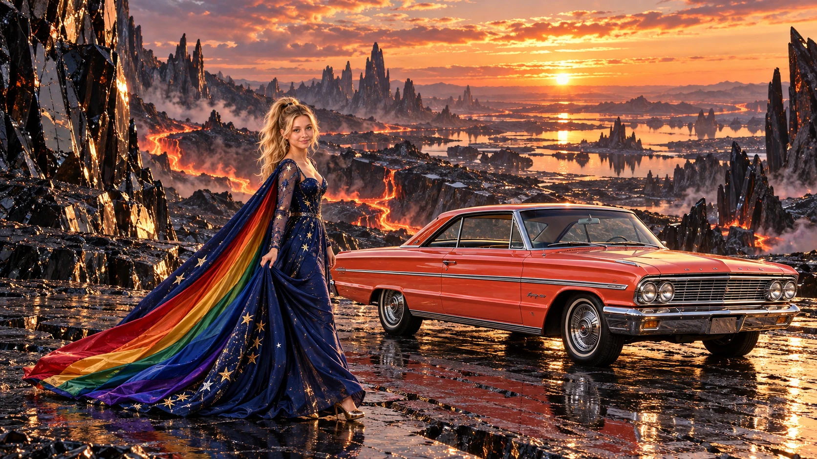 Kristin as Rainbow Brite wears a midnight-blue long-sleeved evening gown with a flowing rainbow-lined cape and tiny star embroidery beside a bright coral 1964 Ford Galaxie 500 on Obsidara, in The Ember Rift.