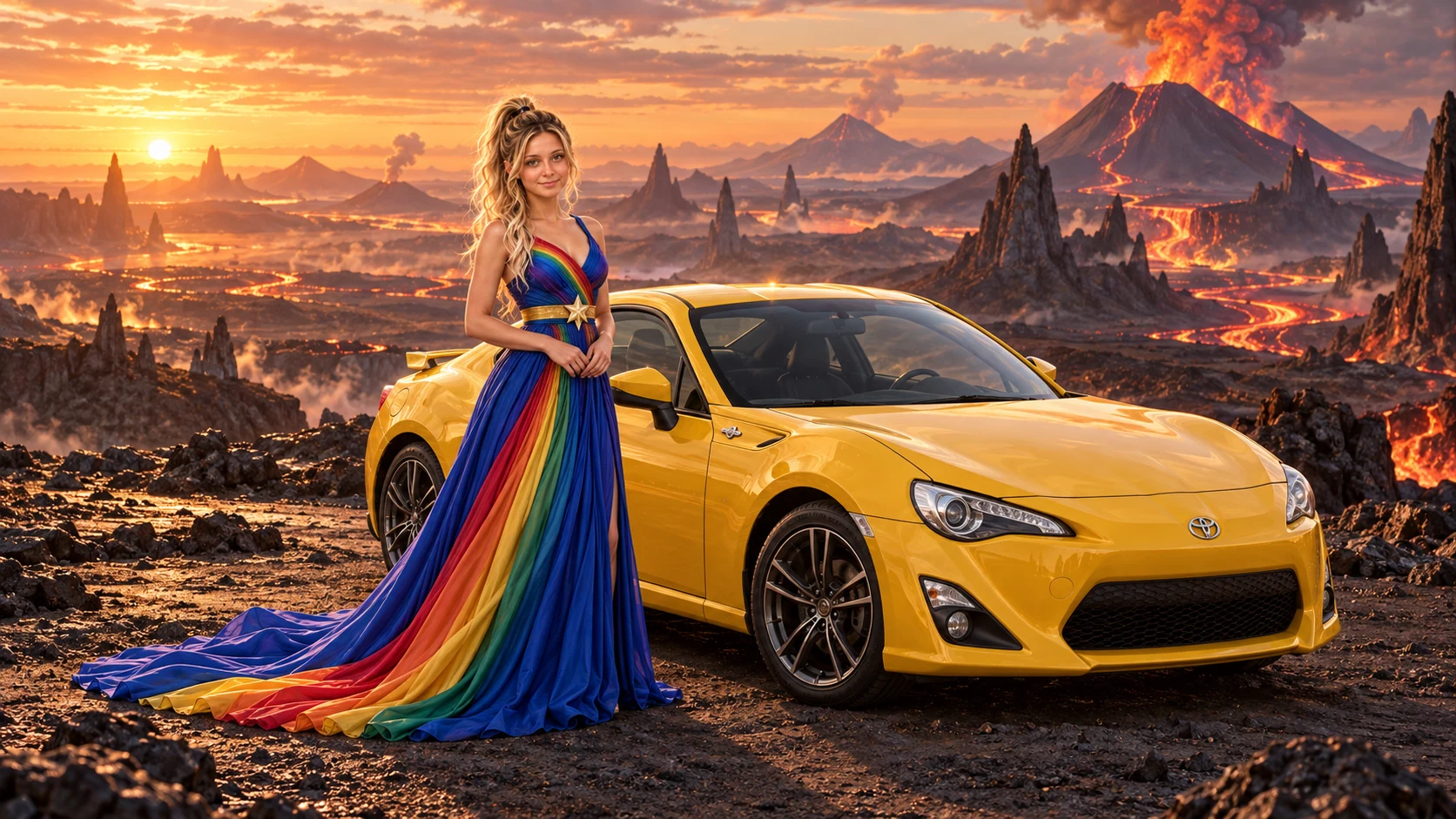 Kristin as Rainbow Brite wears a floor-length royal-blue silk gown with sculptural rainbow pleats and a flowing train, gold star belt beside a sunflower yellow 2013 Toyota GT86 on Pyrrha, in The Ember Rift.