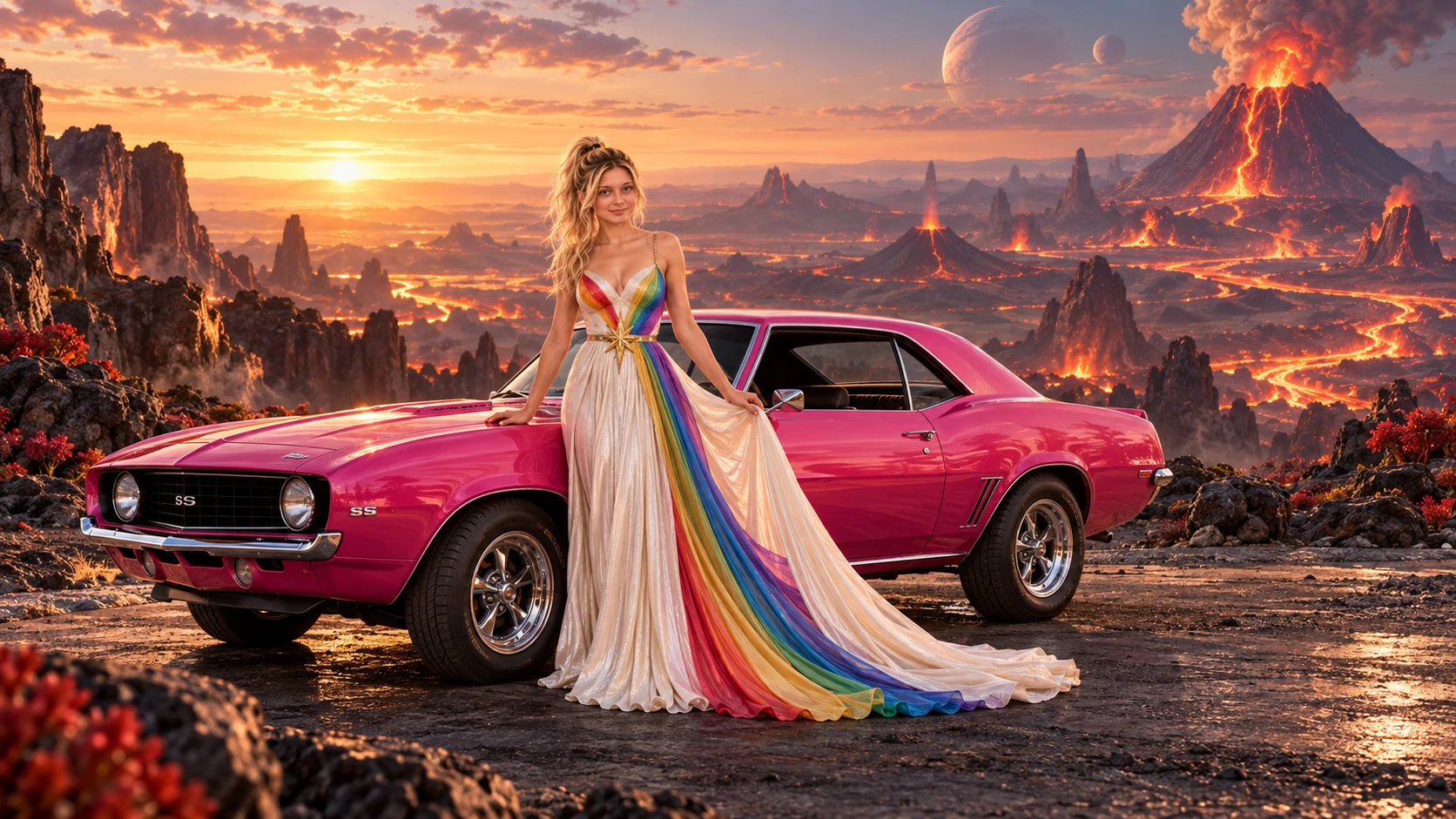 Kristin as Rainbow Brite wears a pearl-white pleated evening gown with jewel-tone rainbow panels and a fine gold star belt beside a hot pink 1969 Chevrolet Camaro on Pyrrha, in The Ember Rift.