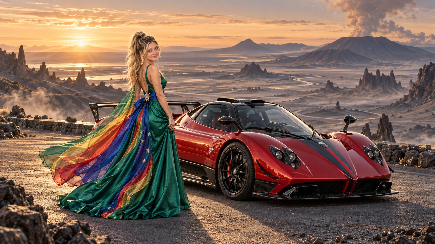Kristin as Rainbow Brite wears a emerald silk evening dress with rainbow ribbon appliqué, a royal-blue waist sash and a jeweled star buckle beside a crimson red 2009 Pagani Zonda Cinque on Ash Meridian, in The Ember Rift.