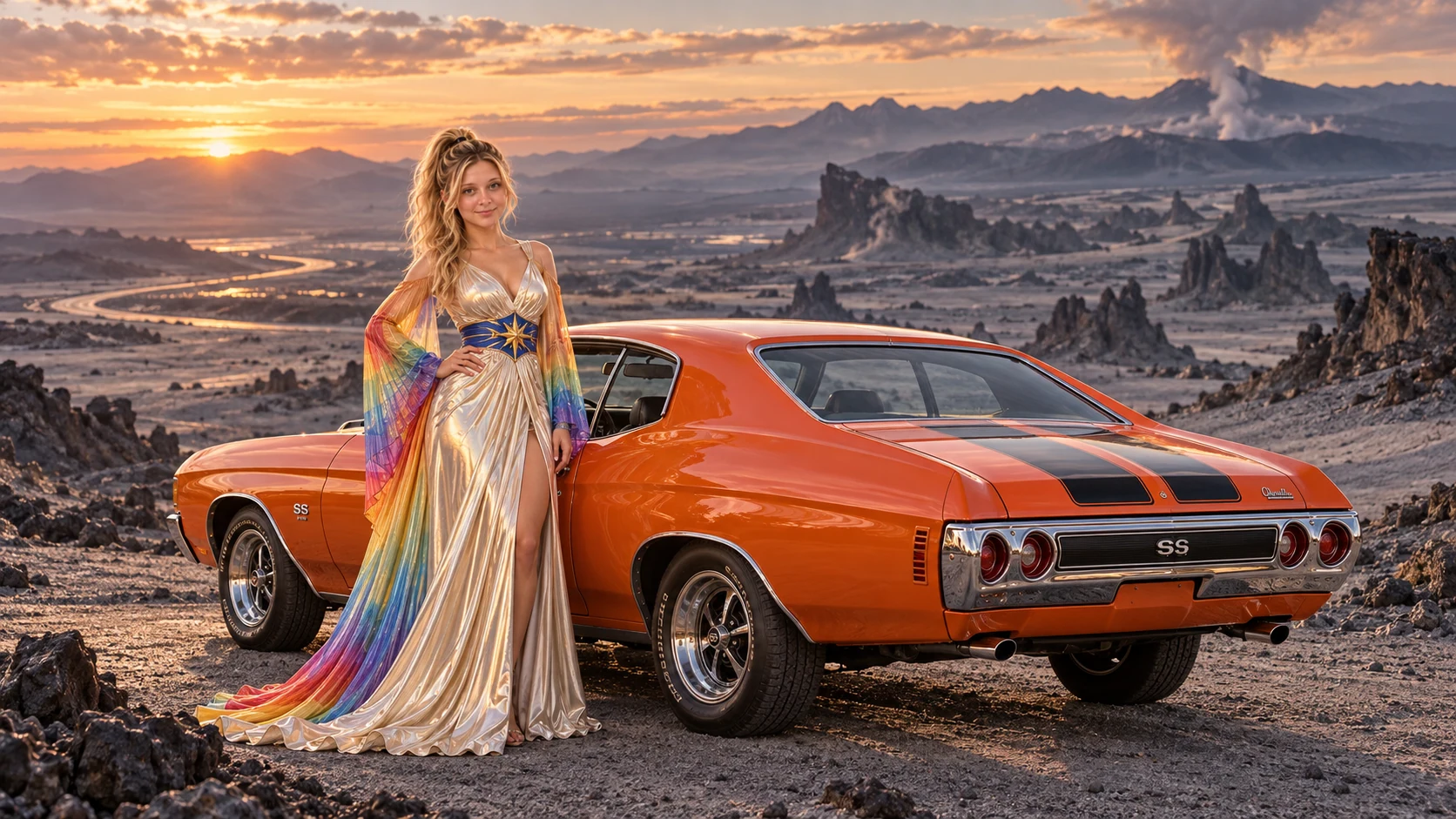 Kristin as Rainbow Brite wears a iridescent champagne satin gown with rainbow pleated sleeves and a sculpted blue-and-gold star belt beside a bright orange 1970 Chevrolet Chevelle SS on Ash Meridian, in The Ember Rift.