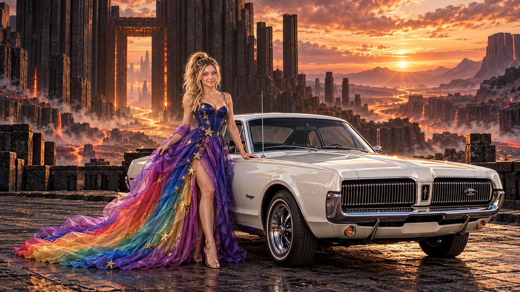Kristin as Rainbow Brite wears a violet organza couture gown with a structured cobalt bodice, sweeping rainbow train and star jewels beside a pearl white 1968 Mercury Cougar on Basalt Gate, in The Ember Rift.