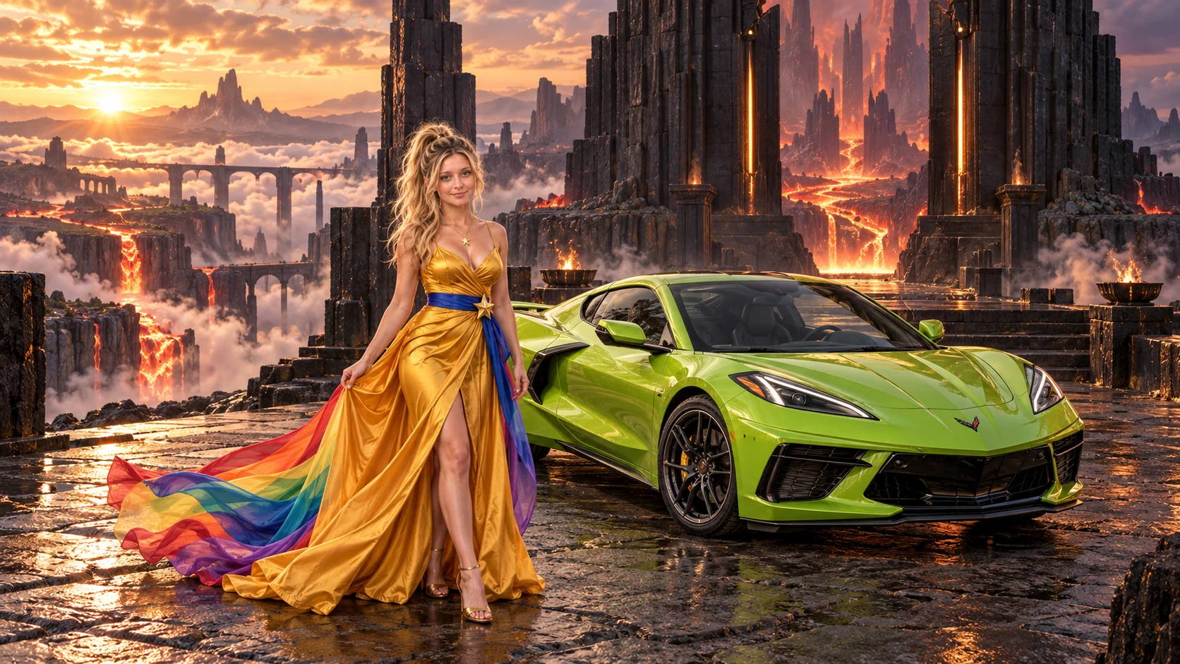 Kristin as Rainbow Brite wears a saffron satin evening gown with a royal-blue sash, graceful rainbow ribbon train and gold star pendant beside a lime green 2020 Chevrolet Corvette C8 on Basalt Gate, in The Ember Rift.