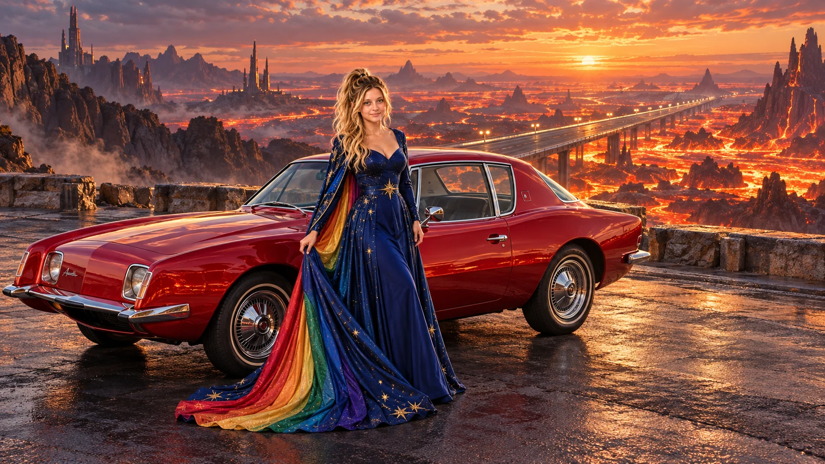 Kristin as Rainbow Brite wears a midnight-blue long-sleeved evening gown with a flowing rainbow-lined cape and tiny star embroidery beside a candy apple red 1964 Studebaker Avanti on Ember Circuit, in The Ember Rift.