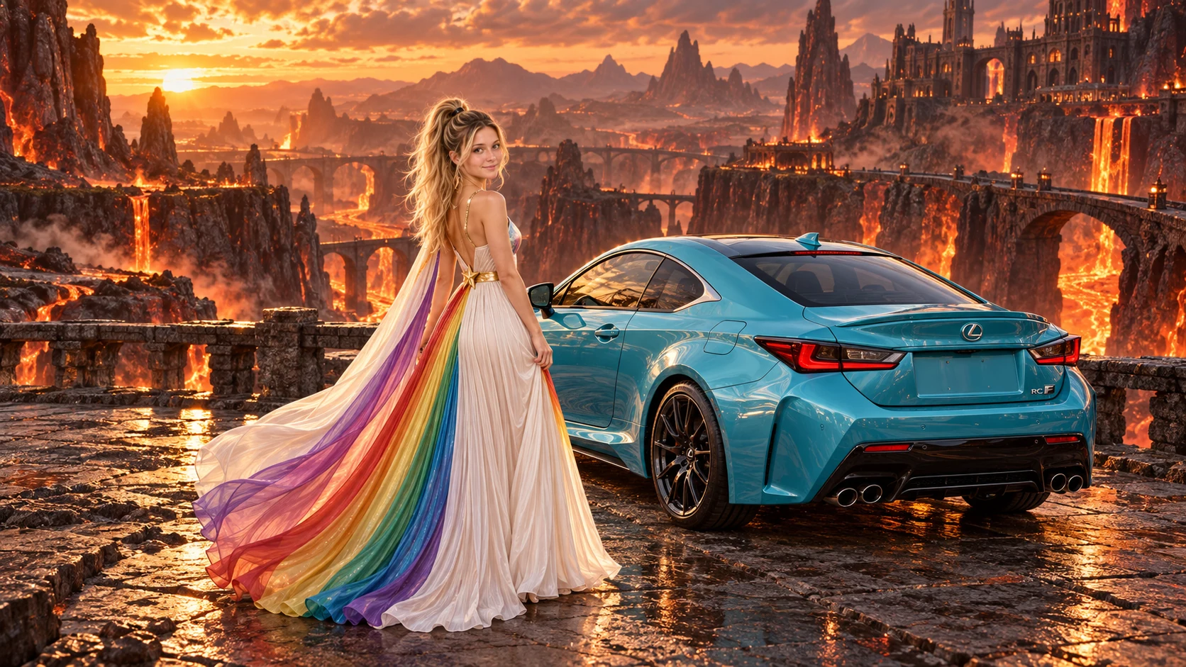 Kristin as Rainbow Brite wears a pearl-white pleated evening gown with jewel-tone rainbow panels and a fine gold star belt beside a glacier turquoise 2015 Lexus RC F on Scoria, in The Ember Rift.