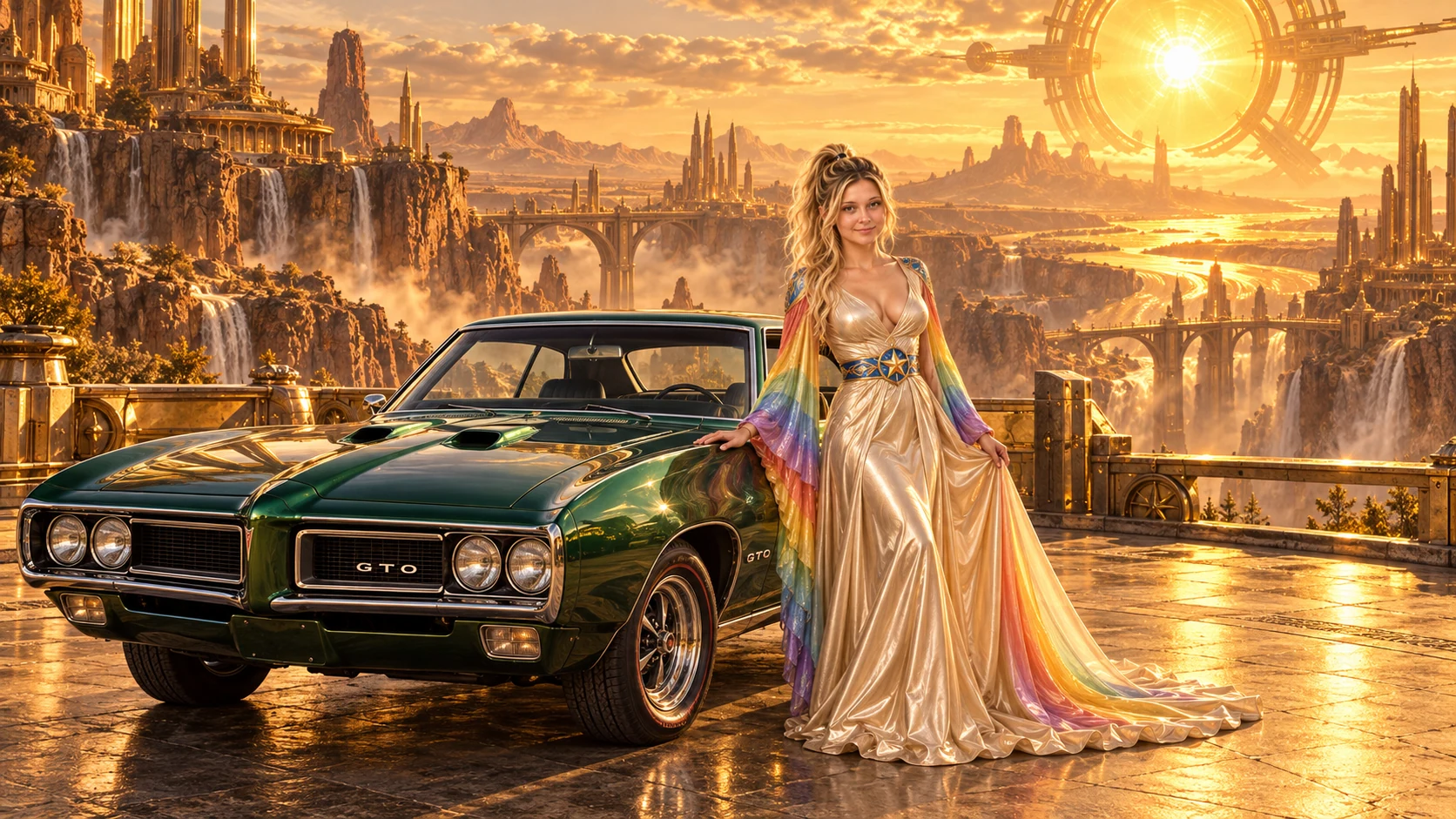 Kristin as Rainbow Brite wears a iridescent champagne satin gown with rainbow pleated sleeves and a sculpted blue-and-gold star belt beside a deep emerald green 1969 Pontiac GTO on Solforge, in The Ember Rift.