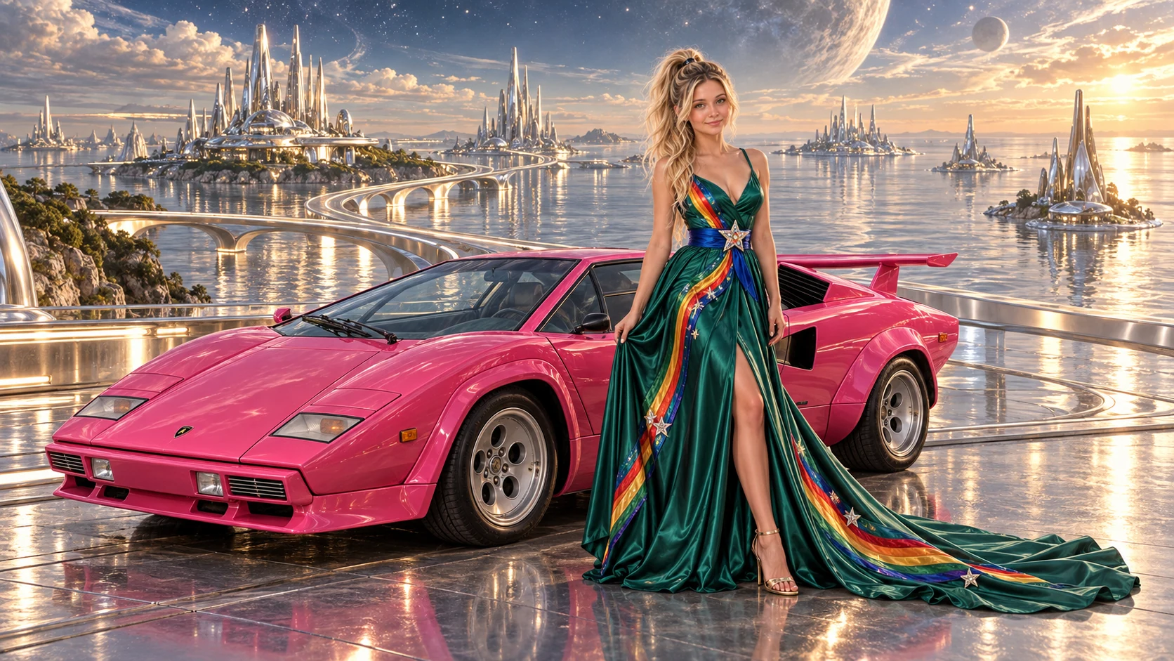 Kristin as Rainbow Brite wears a emerald silk evening dress with rainbow ribbon appliqué, a royal-blue waist sash and a jeweled star buckle beside a hot pink 1974 Lamborghini Countach on Quicksilver, in The Ember Rift.