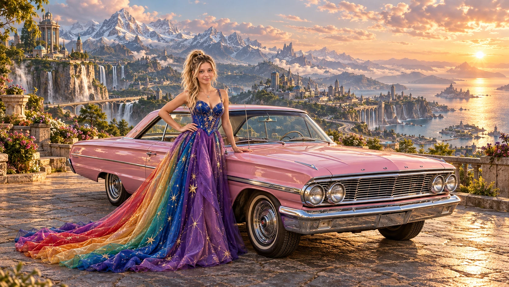 Kristin as Rainbow Brite wears a violet organza couture gown with a structured cobalt bodice, sweeping rainbow train and star jewels beside a pearl pink 1964 Ford Galaxie 500 on Kaizora, in The Ember Rift.