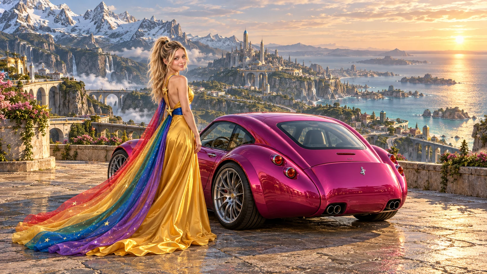 Kristin as Rainbow Brite wears a saffron satin evening gown with a royal-blue sash, graceful rainbow ribbon train and gold star pendant beside a fuchsia magenta 2007 Wiesmann GT MF5 on Kaizora, in The Ember Rift.
