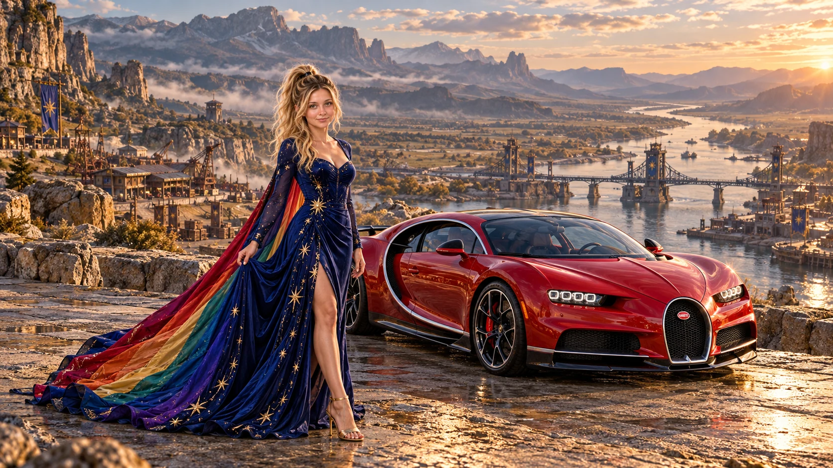 Kristin as Rainbow Brite wears a midnight-blue long-sleeved evening gown with a flowing rainbow-lined cape and tiny star embroidery beside a candy apple red 2017 Bugatti Chiron on Duralon, in The Ember Rift.
