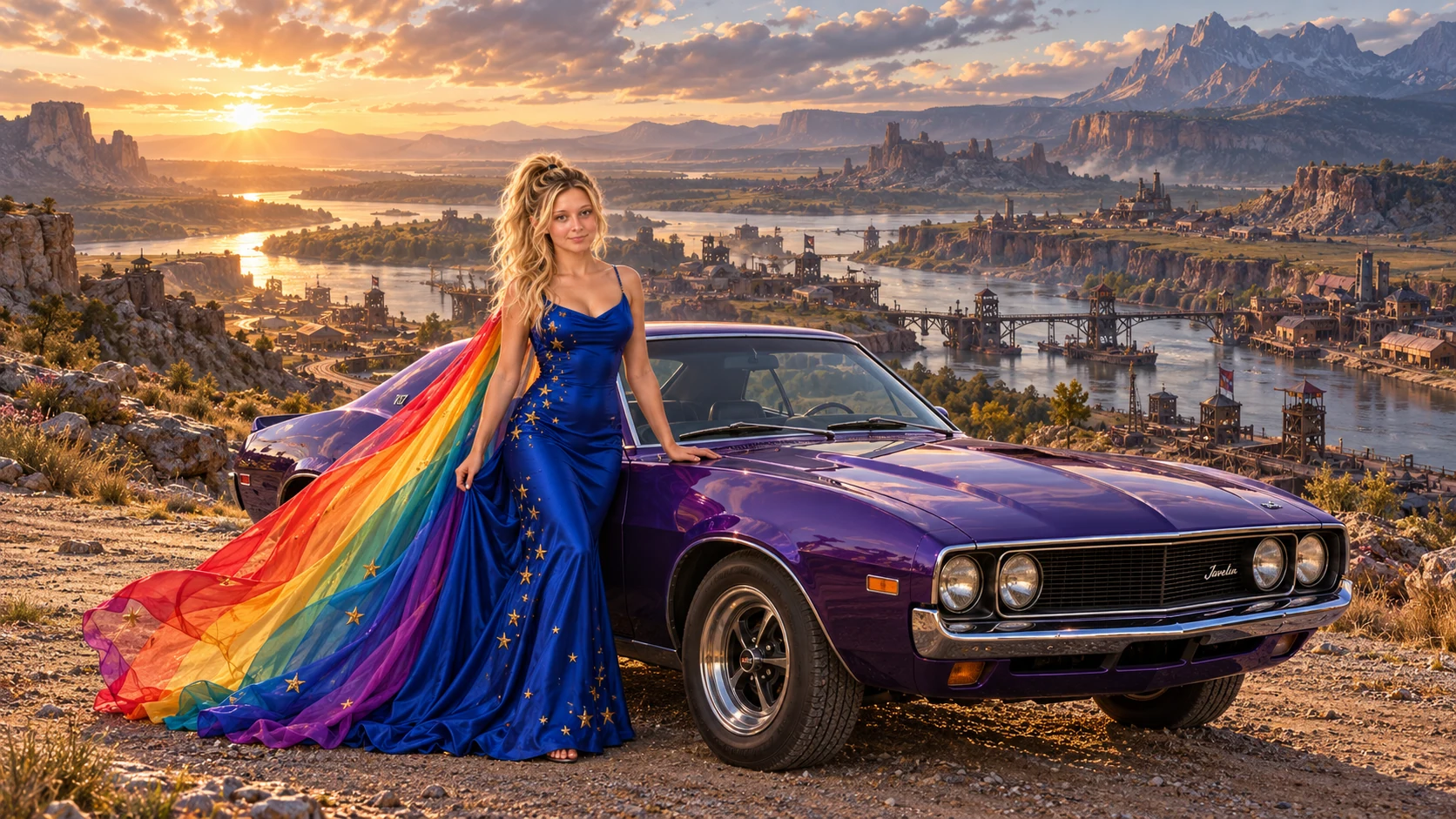 Kristin as Rainbow Brite wears a cobalt satin column gown with a dramatic rainbow chiffon cape and tiny gold star embroidery beside a deep violet 1973 AMC Javelin on Duralon, in The Ember Rift.