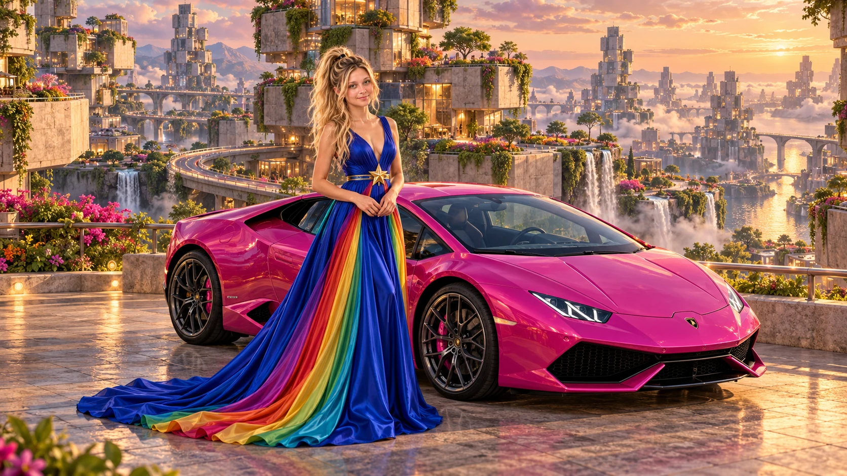 Kristin as Rainbow Brite wears a floor-length royal-blue silk gown with sculptural rainbow pleats and a flowing train, gold star belt beside a fuchsia magenta 2016 Lamborghini Huracán on Cubiq, in The Ember Rift.