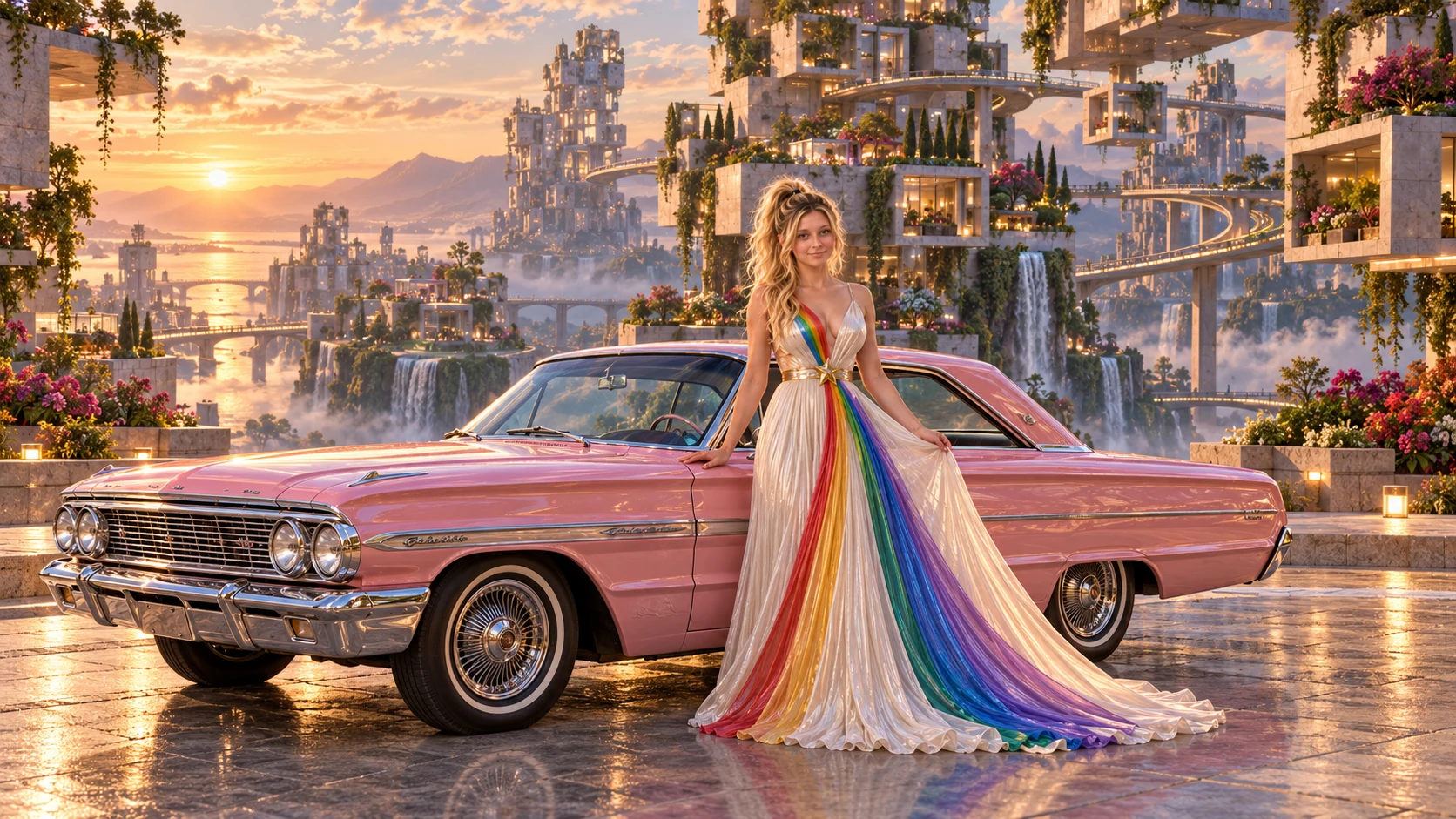 Kristin as Rainbow Brite wears a pearl-white pleated evening gown with jewel-tone rainbow panels and a fine gold star belt beside a pearl pink 1964 Ford Galaxie 500 on Cubiq, in The Ember Rift.