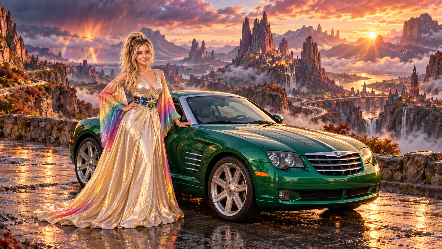 Kristin as Rainbow Brite wears a iridescent champagne satin gown with rainbow pleated sleeves and a sculpted blue-and-gold star belt beside a bright emerald 2006 Chrysler Crossfire on Wildspire, in The Ember Rift.
