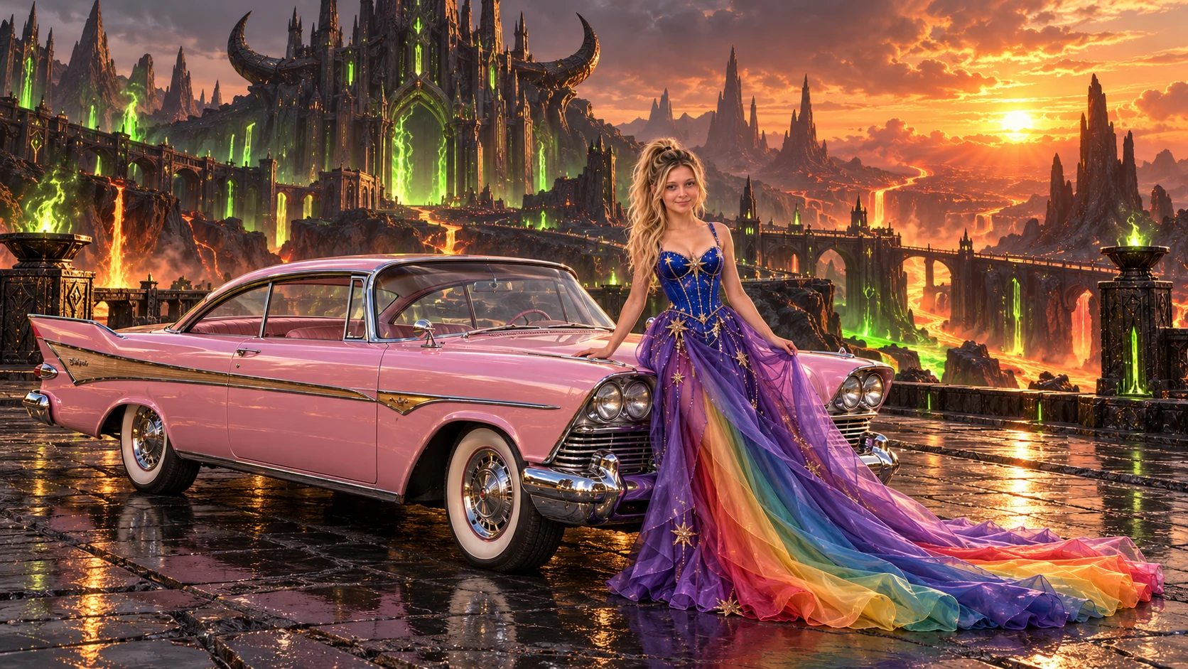Kristin as Rainbow Brite wears a violet organza couture gown with a structured cobalt bodice, sweeping rainbow train and star jewels beside a pearl pink 1958 Plymouth Fury on Tauraxis, in The Ember Rift.