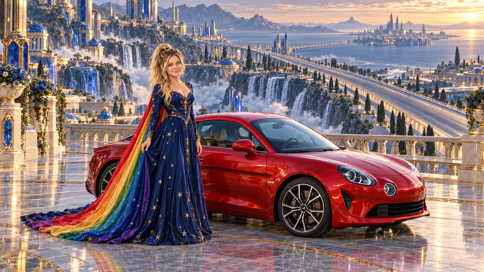 Kristin as Rainbow Brite wears a midnight-blue long-sleeved evening gown with a flowing rainbow-lined cape and tiny star embroidery beside a candy apple red 2018 Alpine A110 on Molsaria, in The Ember Rift.