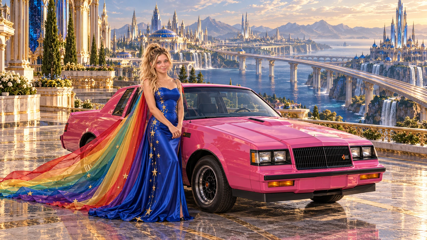 Kristin as Rainbow Brite wears a cobalt satin column gown with a dramatic rainbow chiffon cape and tiny gold star embroidery beside a hot pink 1987 Buick Grand National on Molsaria, in The Ember Rift.