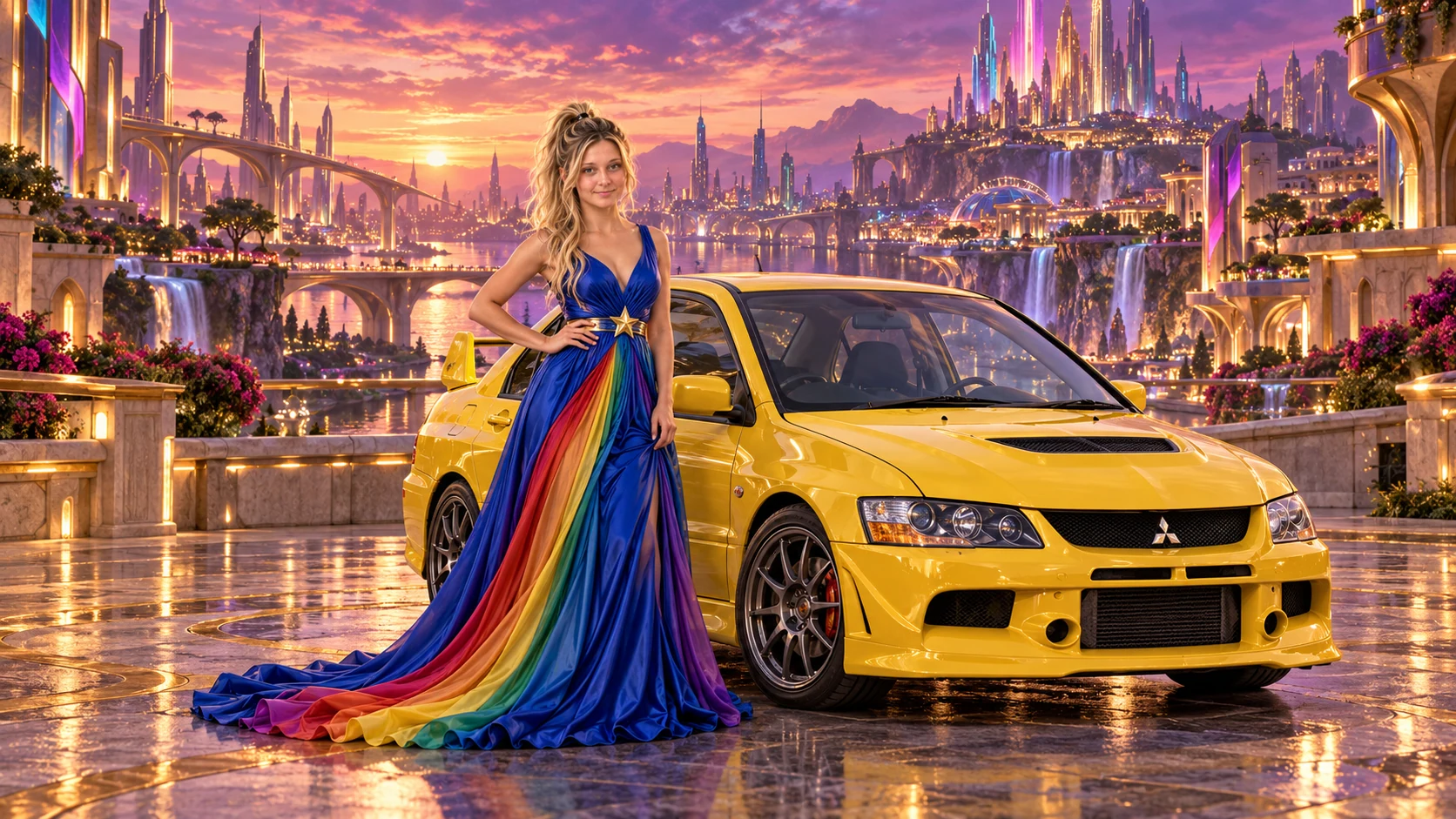 Kristin as Rainbow Brite wears a floor-length royal-blue silk gown with sculptural rainbow pleats and a flowing train, gold star belt beside a sunflower yellow 2006 Mitsubishi Lancer Evolution IX on Kinetra, in The Ember Rift.