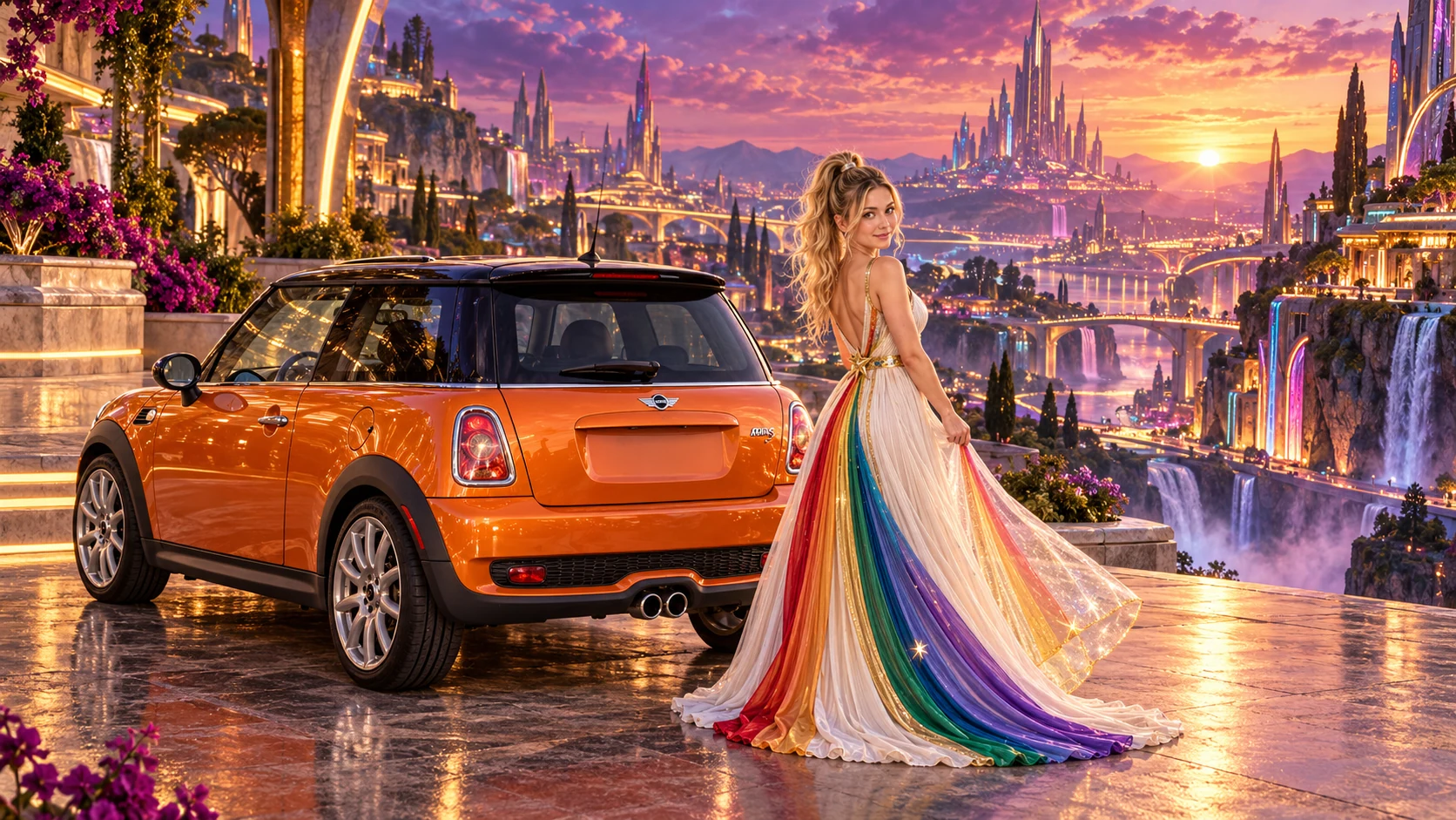 Kristin as Rainbow Brite wears a pearl-white pleated evening gown with jewel-tone rainbow panels and a fine gold star belt beside a tangerine orange 2006 Mini Cooper S on Kinetra, in The Ember Rift.