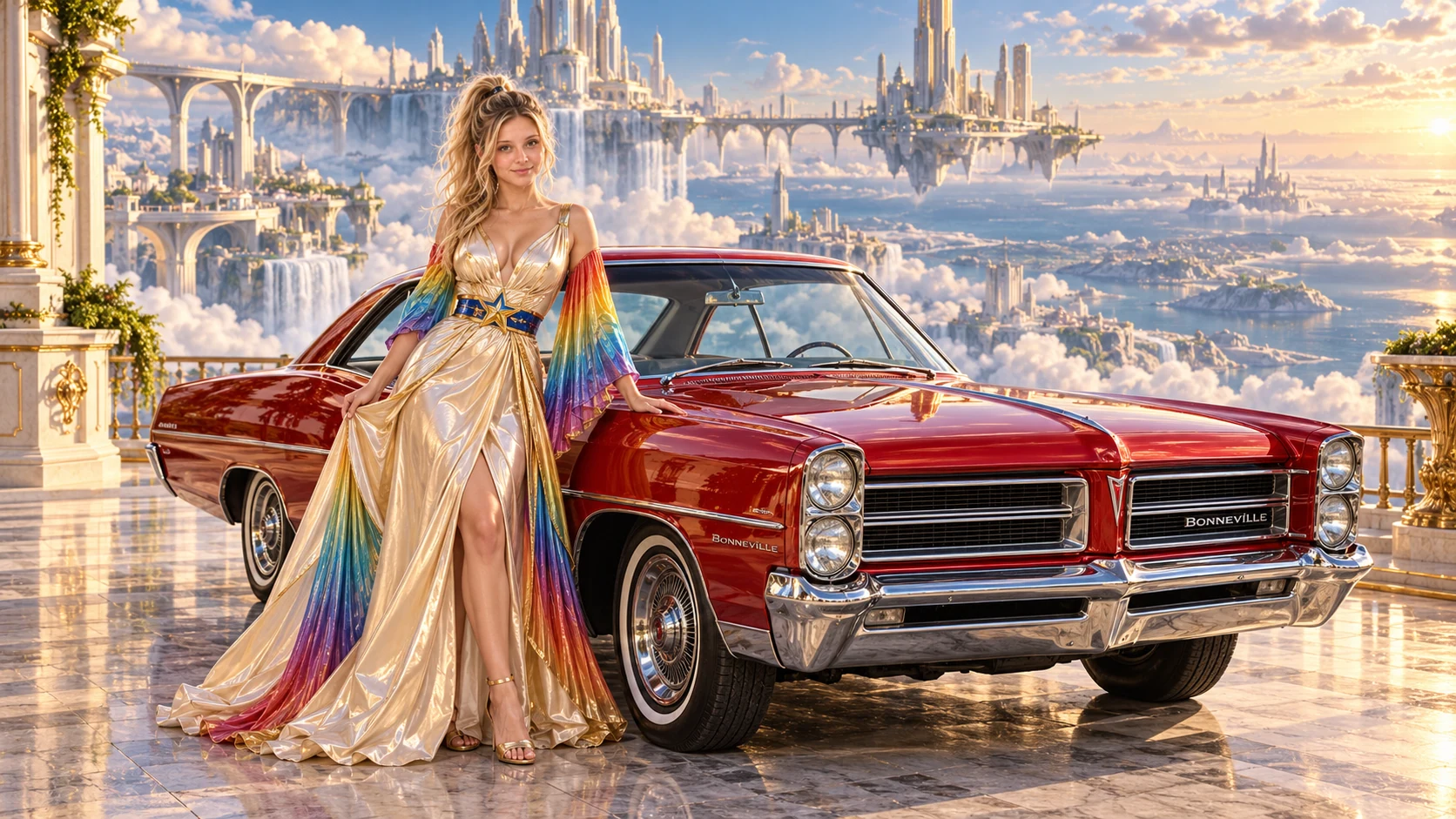 Kristin as Rainbow Brite wears a iridescent champagne satin gown with rainbow pleated sleeves and a sculpted blue-and-gold star belt beside a candy apple red 1965 Pontiac Bonneville on Nimbora, in The Ember Rift.
