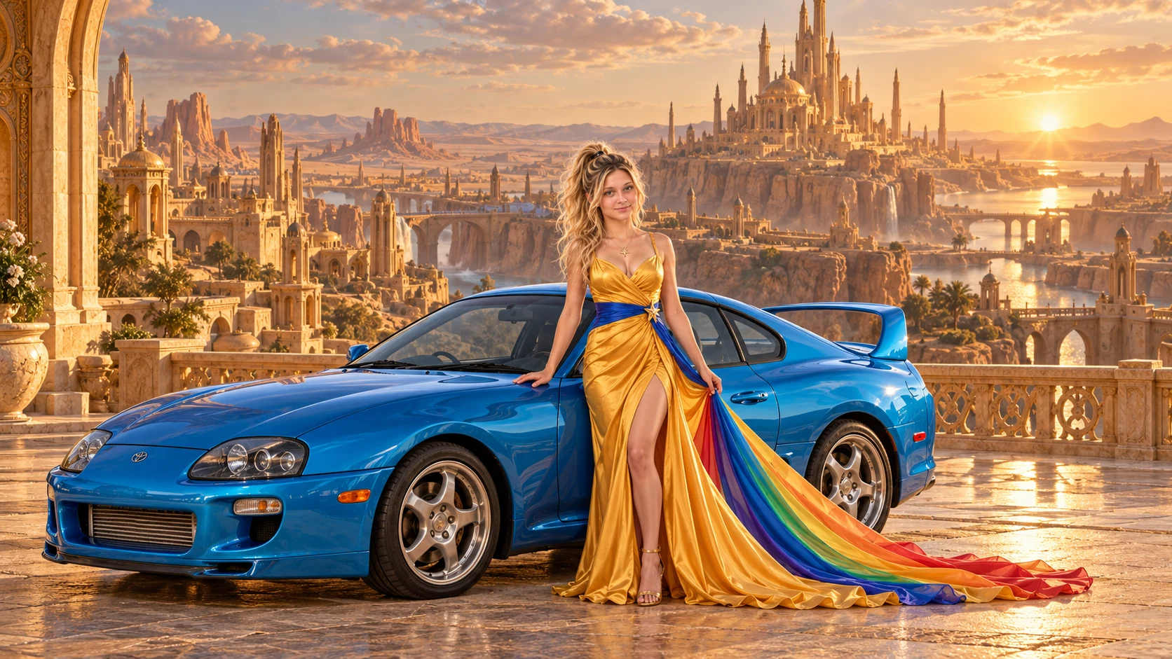 Kristin as Rainbow Brite wears a saffron satin evening gown with a royal-blue sash, graceful rainbow ribbon train and gold star pendant beside a electric cyan 1997 Toyota Supra on Dunara, in The Golden Quiet.