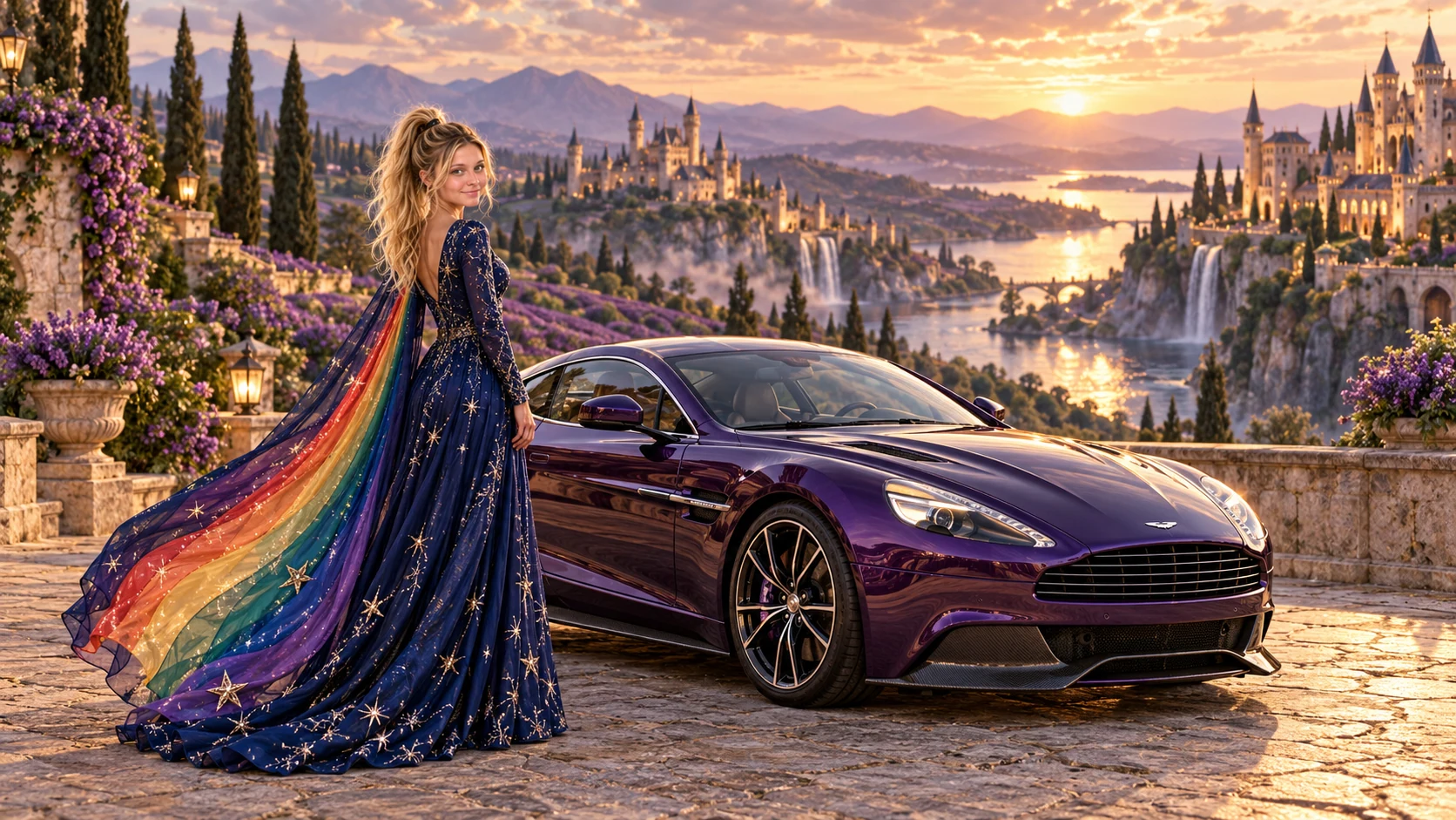 Kristin as Rainbow Brite wears a midnight-blue long-sleeved evening gown with a flowing rainbow-lined cape and tiny star embroidery beside a deep violet 2013 Aston Martin Vanquish on Frenchi’s Haven, in The Golden Quiet.