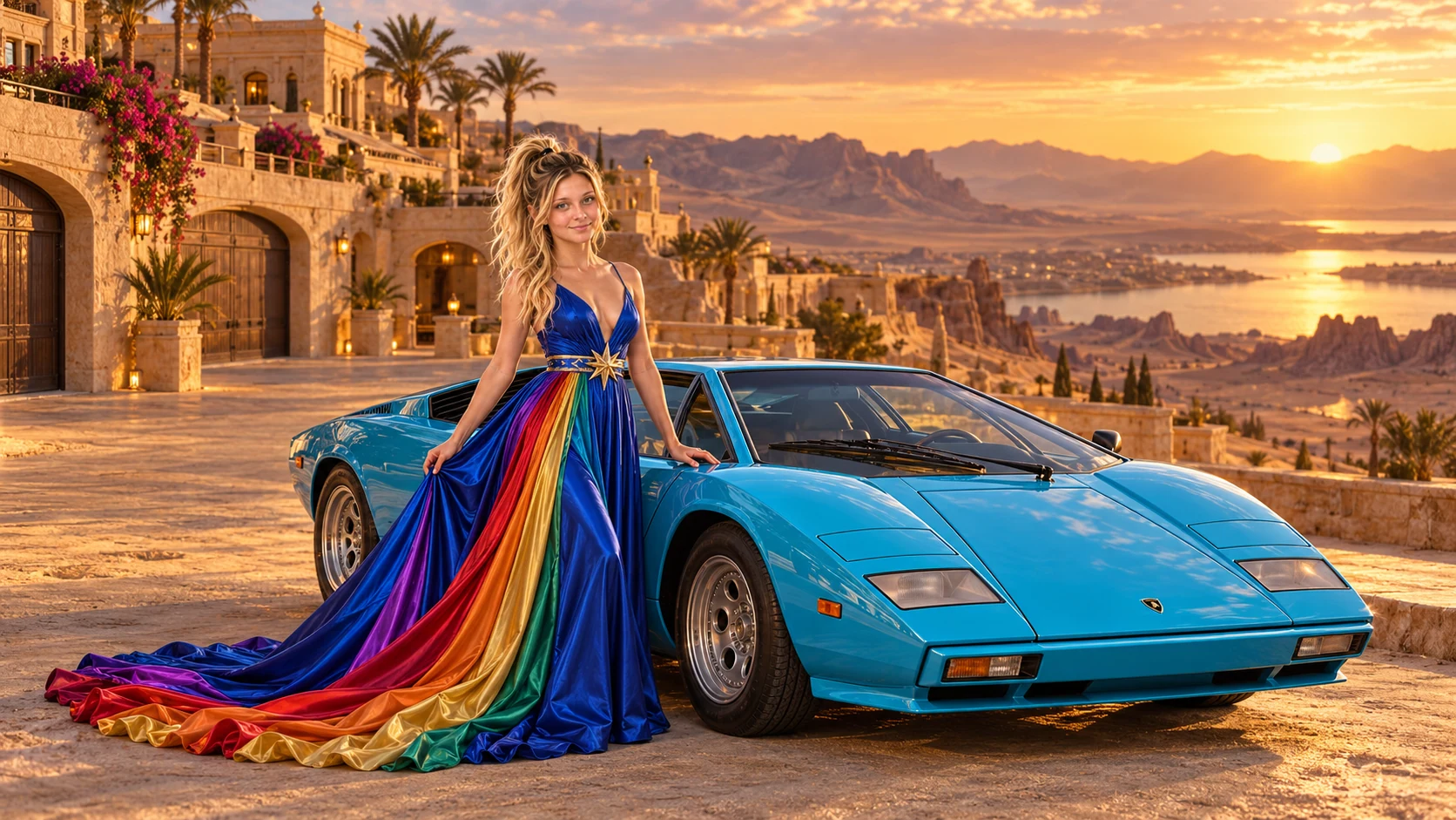 Kristin as Rainbow Brite wears a floor-length royal-blue silk gown with sculptural rainbow pleats and a flowing train, gold star belt beside a electric cyan 1974 Lamborghini Countach on The Sand Lots, in The Golden Quiet.