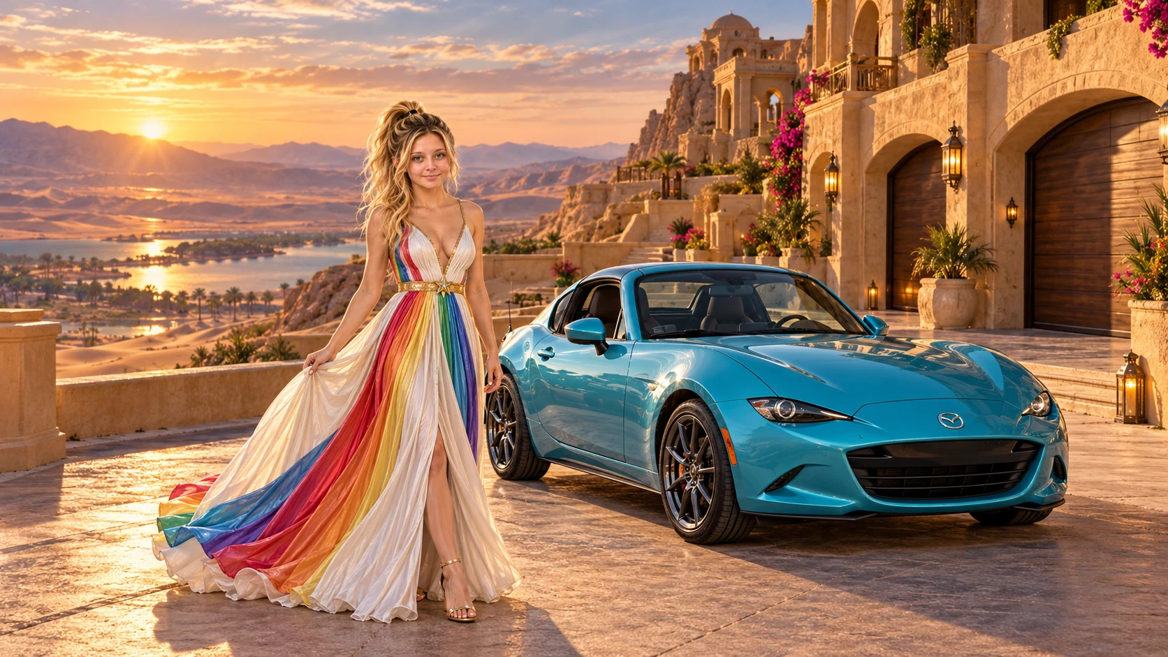Kristin as Rainbow Brite wears a pearl-white pleated evening gown with jewel-tone rainbow panels and a fine gold star belt beside a glacier turquoise 2019 Mazda MX-5 RF on The Sand Lots, in The Golden Quiet.
