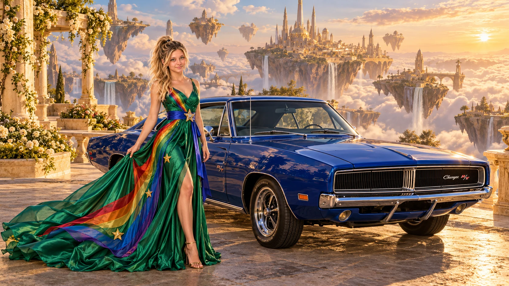 Kristin as Rainbow Brite wears a emerald silk evening dress with rainbow ribbon appliqué, a royal-blue waist sash and a jeweled star buckle beside a cobalt blue 1969 Dodge Charger on Everafter, in The Golden Quiet.