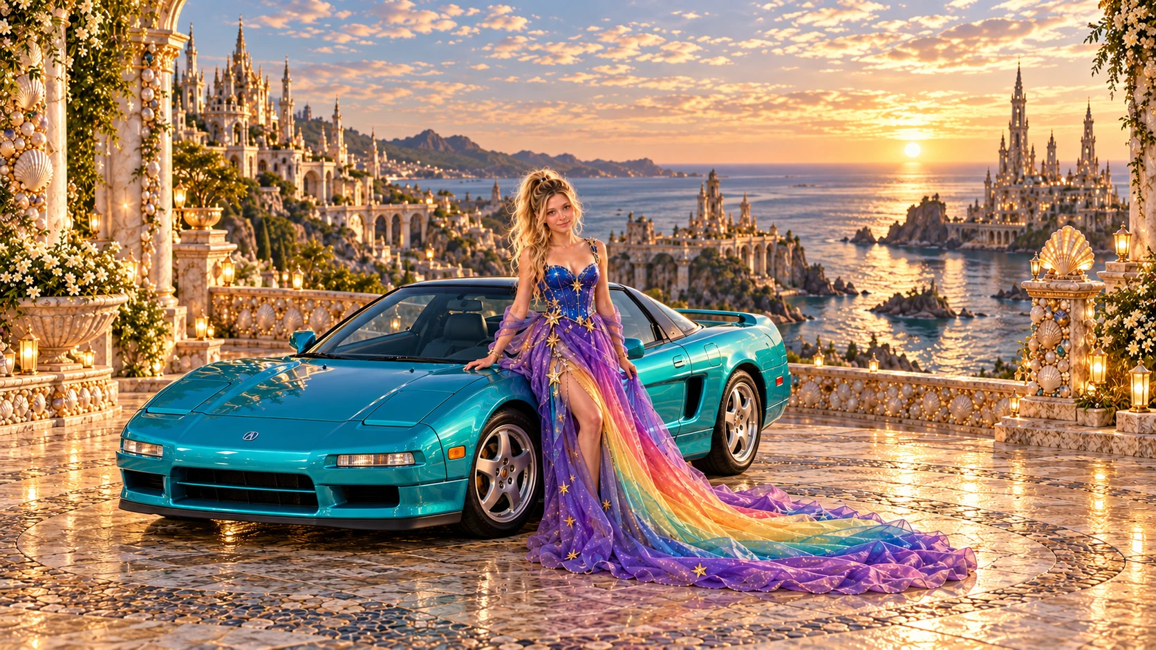 Kristin as Rainbow Brite wears a violet organza couture gown with a structured cobalt bodice, sweeping rainbow train and star jewels beside a electric turquoise 1993 Acura NSX on Shellspire, in The Golden Quiet.