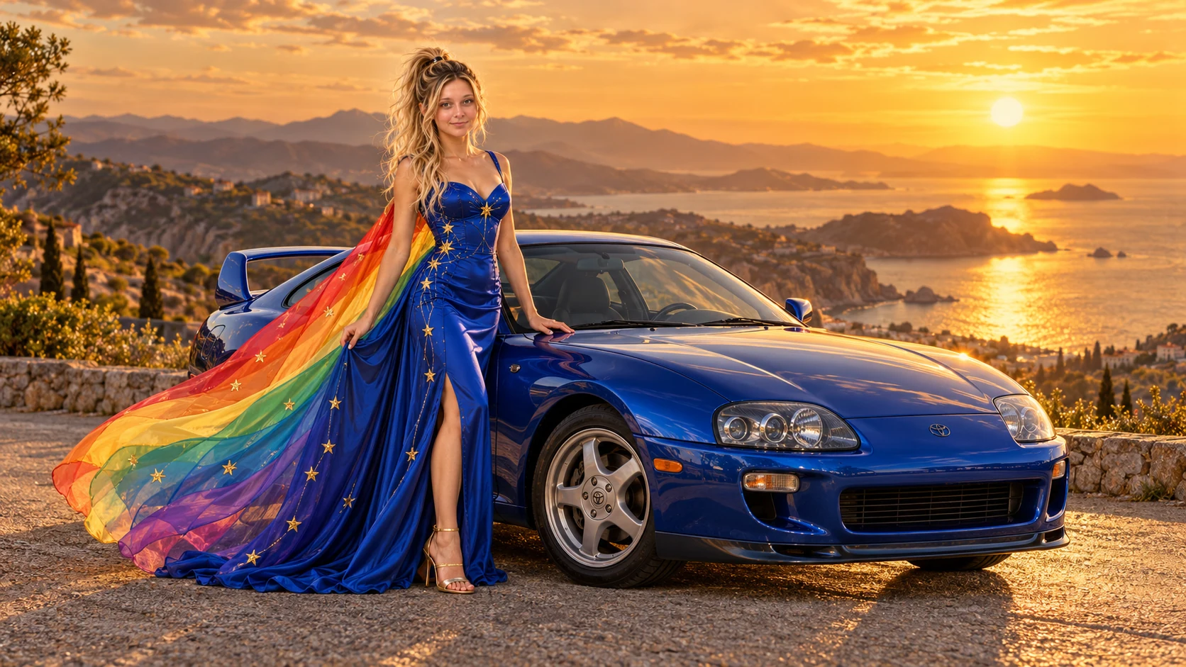 Kristin as Rainbow Brite wears a cobalt satin column gown with a dramatic rainbow chiffon cape and tiny gold star embroidery beside a cobalt blue 1997 Toyota Supra on Golden Hour, in The Golden Quiet.
