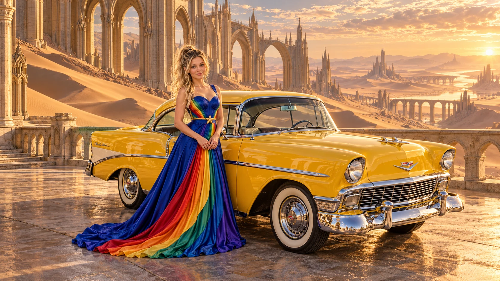 Kristin as Rainbow Brite wears a floor-length royal-blue silk gown with sculptural rainbow pleats and a flowing train, gold star belt beside a sunflower yellow 1956 Chevrolet Bel Air on Dune Cathedral, in The Golden Quiet.