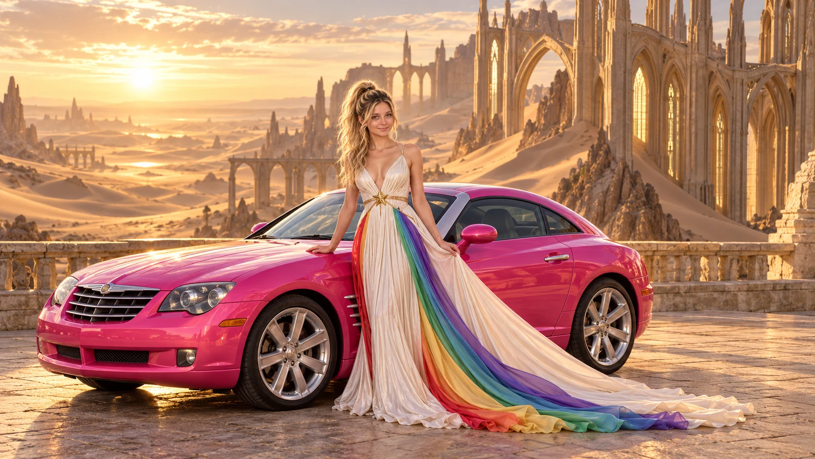 Kristin as Rainbow Brite wears a pearl-white pleated evening gown with jewel-tone rainbow panels and a fine gold star belt beside a hot pink 2006 Chrysler Crossfire on Dune Cathedral, in The Golden Quiet.