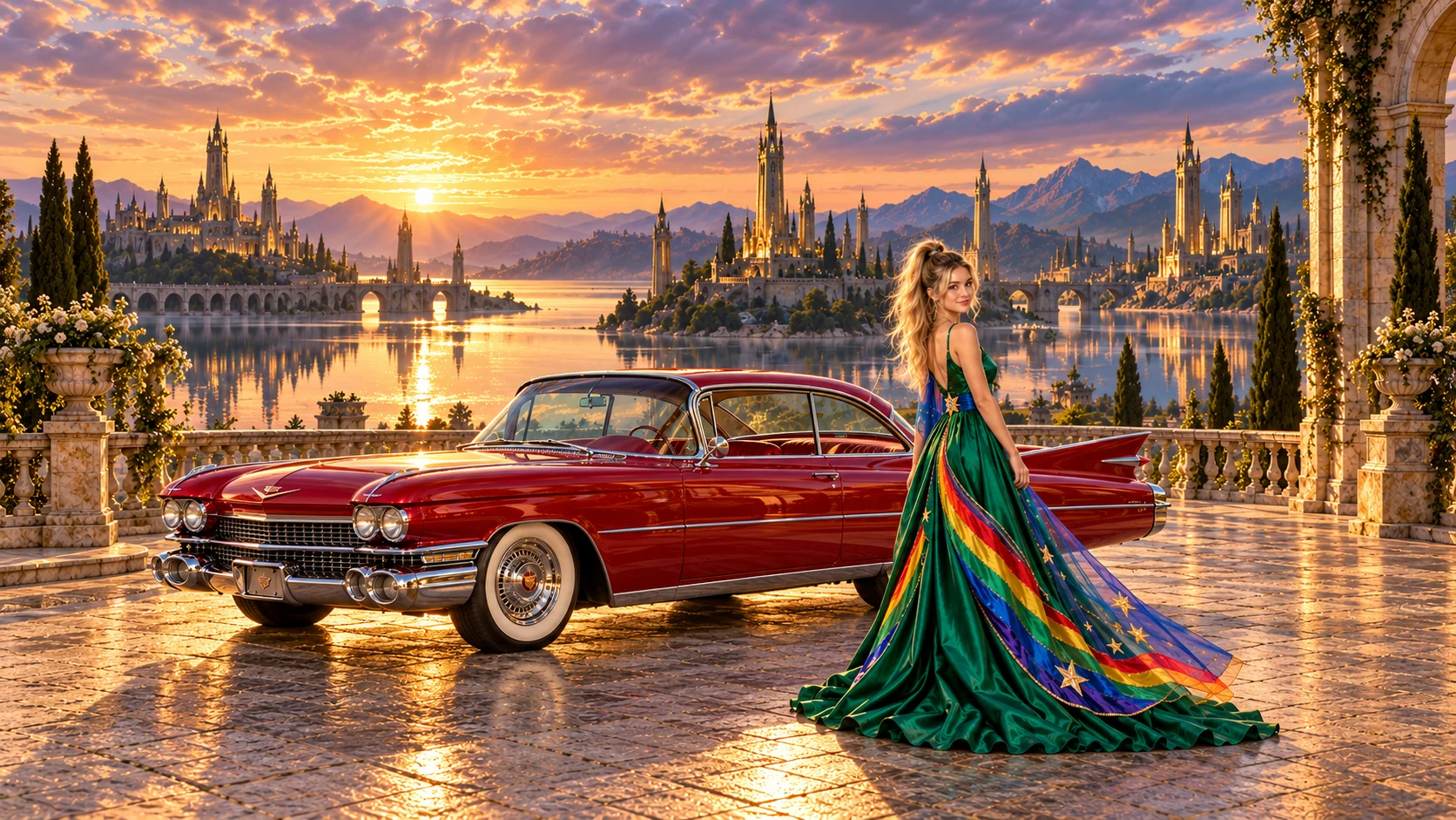 Kristin as Rainbow Brite wears a emerald silk evening dress with rainbow ribbon appliqué, a royal-blue waist sash and a jeweled star buckle beside a crimson red 1959 Cadillac Eldorado on Moatlight, in The Golden Quiet.
