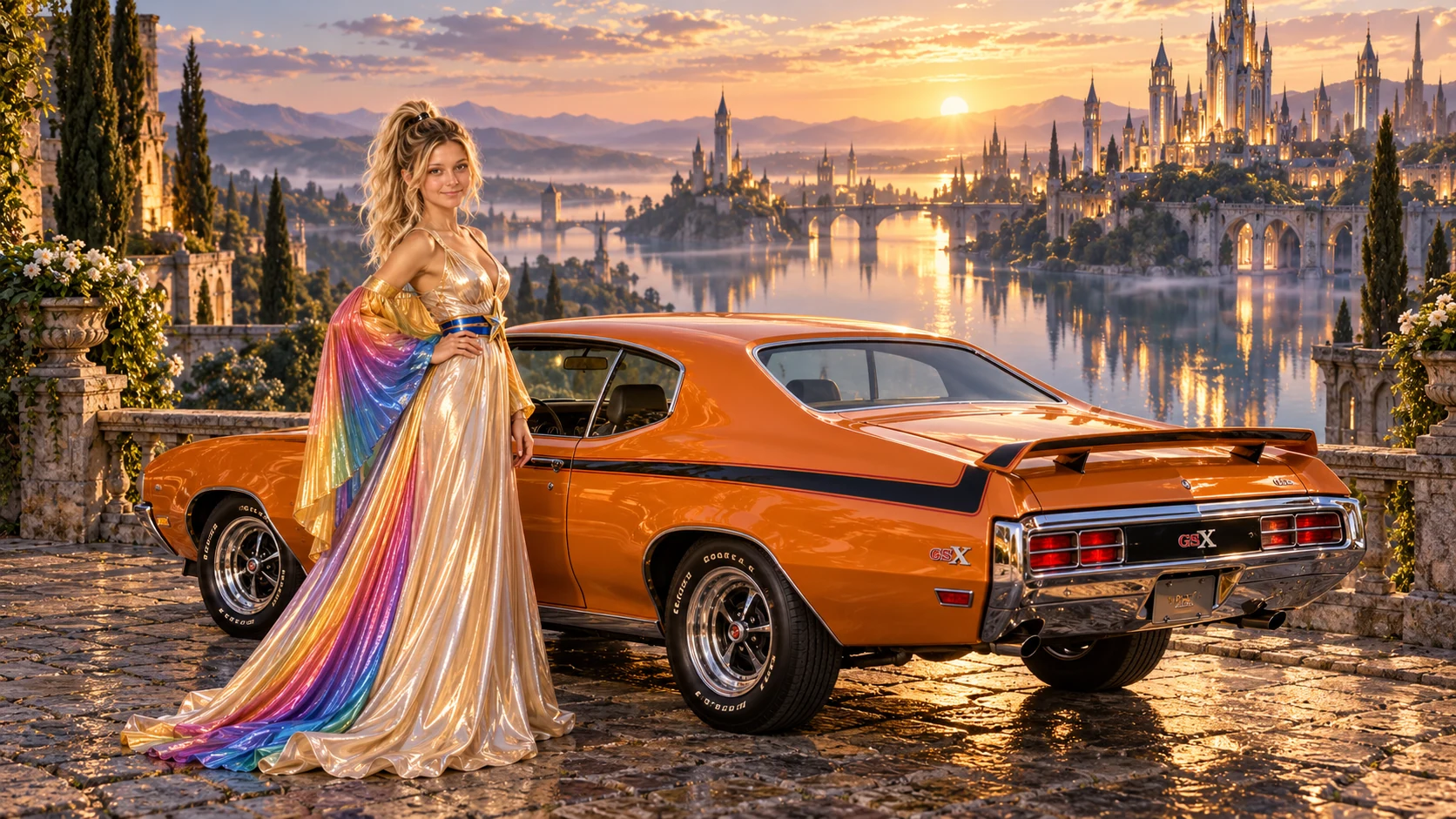 Kristin as Rainbow Brite wears a iridescent champagne satin gown with rainbow pleated sleeves and a sculpted blue-and-gold star belt beside a bright orange 1970 Buick GSX on Moatlight, in The Golden Quiet.
