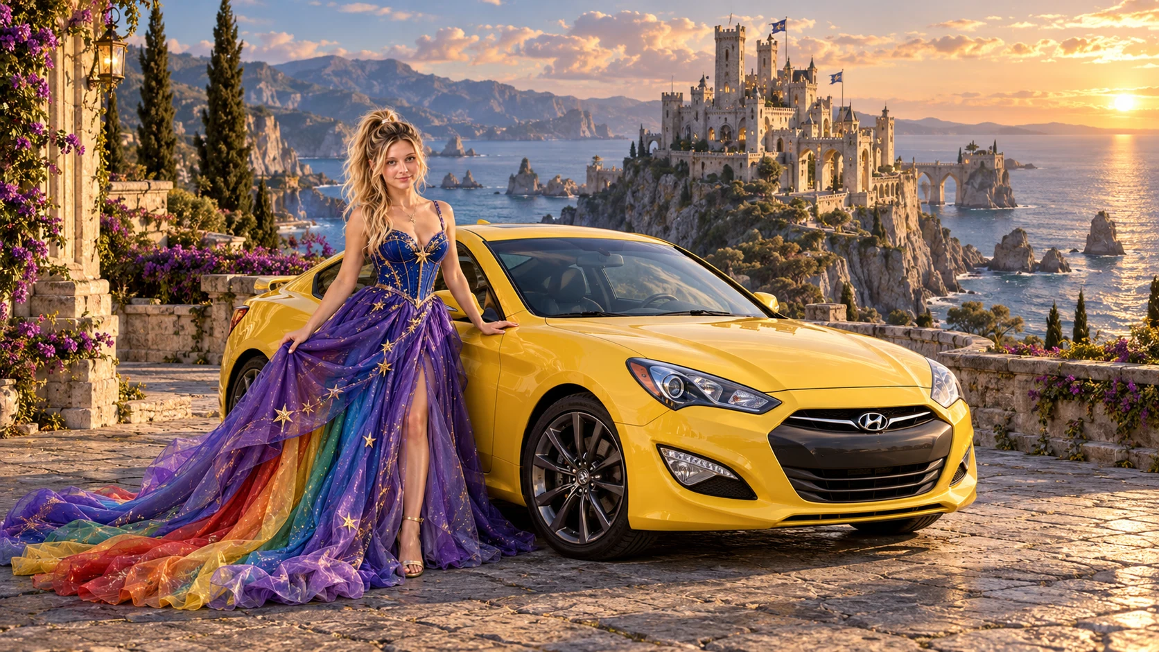 Kristin as Rainbow Brite wears a violet organza couture gown with a structured cobalt bodice, sweeping rainbow train and star jewels beside a lemon yellow 2016 Hyundai Genesis Coupe on Tidekeep, in The Golden Quiet.