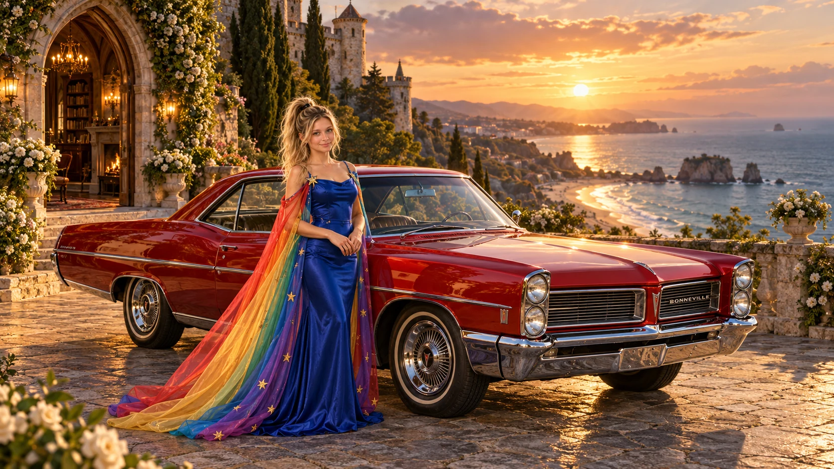 Kristin as Rainbow Brite wears a cobalt satin column gown with a dramatic rainbow chiffon cape and tiny gold star embroidery beside a candy apple red 1965 Pontiac Bonneville on The First Castle, in The Golden Quiet.