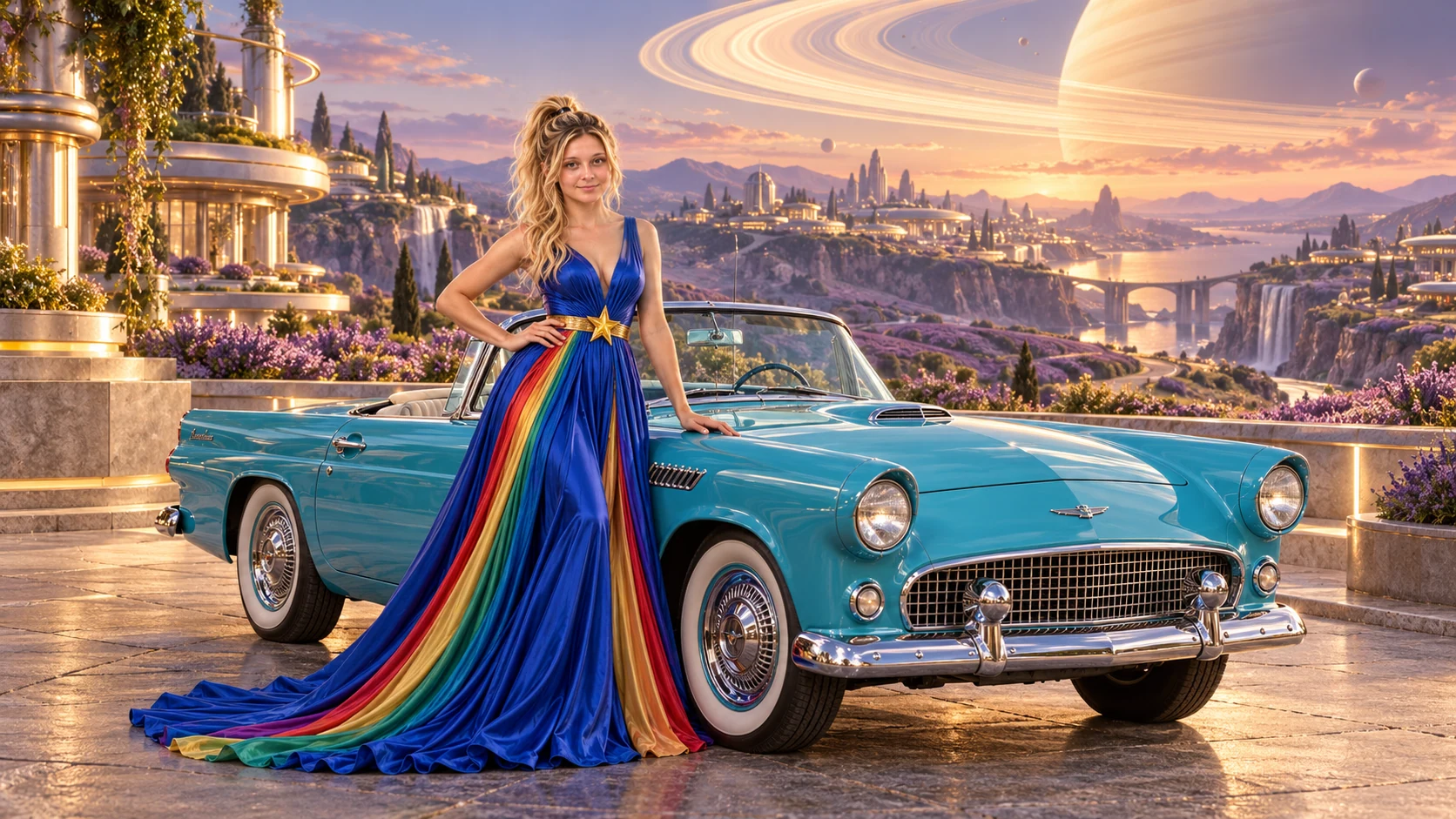 Kristin as Rainbow Brite wears a floor-length royal-blue silk gown with sculptural rainbow pleats and a flowing train, gold star belt beside a electric turquoise 1955 Ford Thunderbird on Orbitra, in The Golden Quiet.