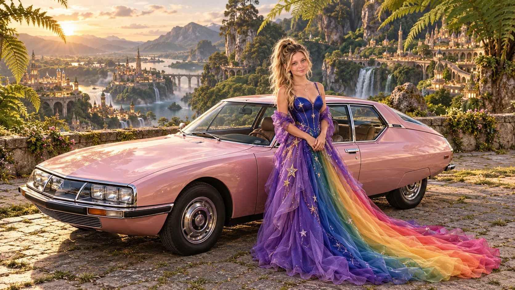 Kristin as Rainbow Brite wears a violet organza couture gown with a structured cobalt bodice, sweeping rainbow train and star jewels beside a pearl pink 1972 Citroën SM on Microra, in The Golden Quiet.