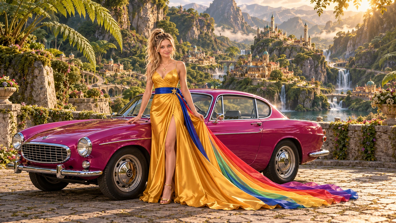 Kristin as Rainbow Brite wears a saffron satin evening gown with a royal-blue sash, graceful rainbow ribbon train and gold star pendant beside a fuchsia magenta 1967 Volvo P1800 on Microra, in The Golden Quiet.