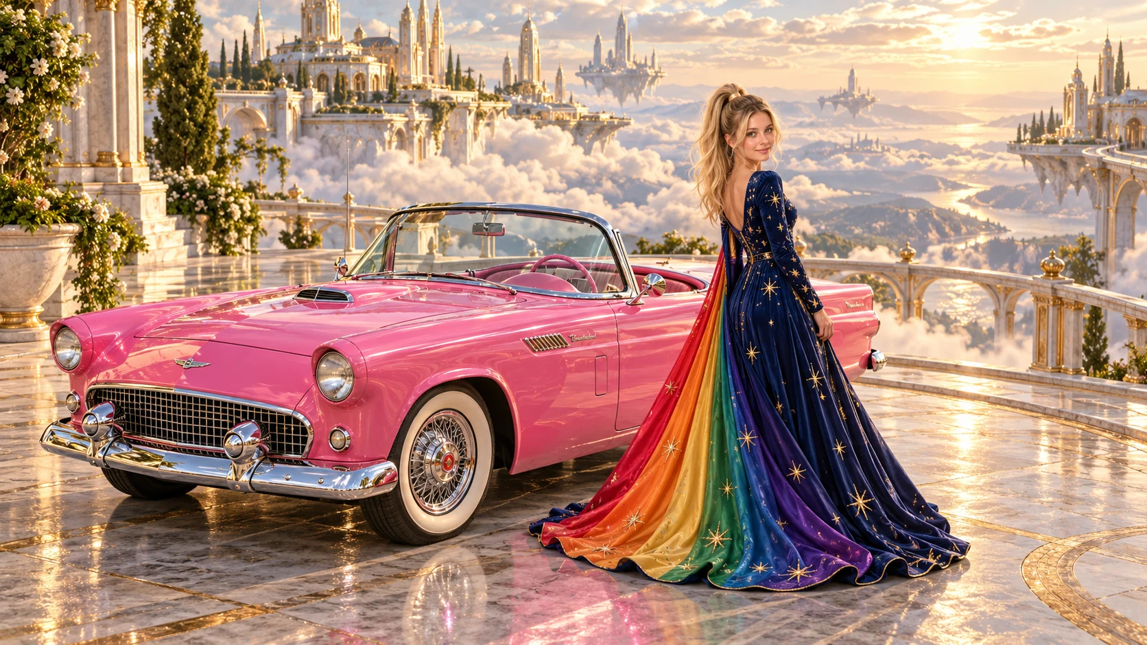 Kristin as Rainbow Brite wears a midnight-blue long-sleeved evening gown with a flowing rainbow-lined cape and tiny star embroidery beside a hot pink 1955 Ford Thunderbird on Silvaroy, in The Golden Quiet.